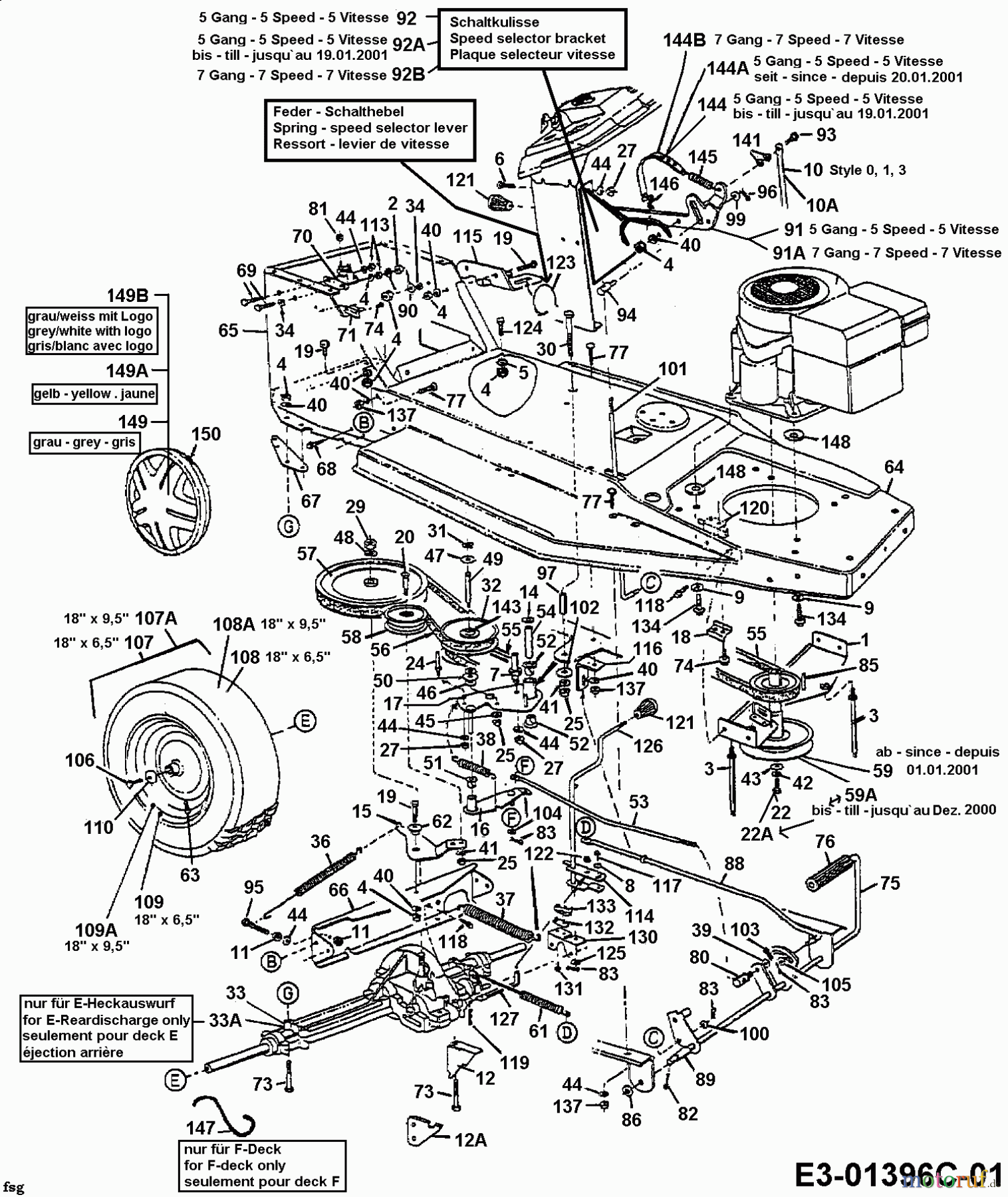 MTD Rasentraktoren J/115 13AA458C670  (2000) Fahrantrieb, Motorkeilriemenscheibe, Pedal, Räder hinten