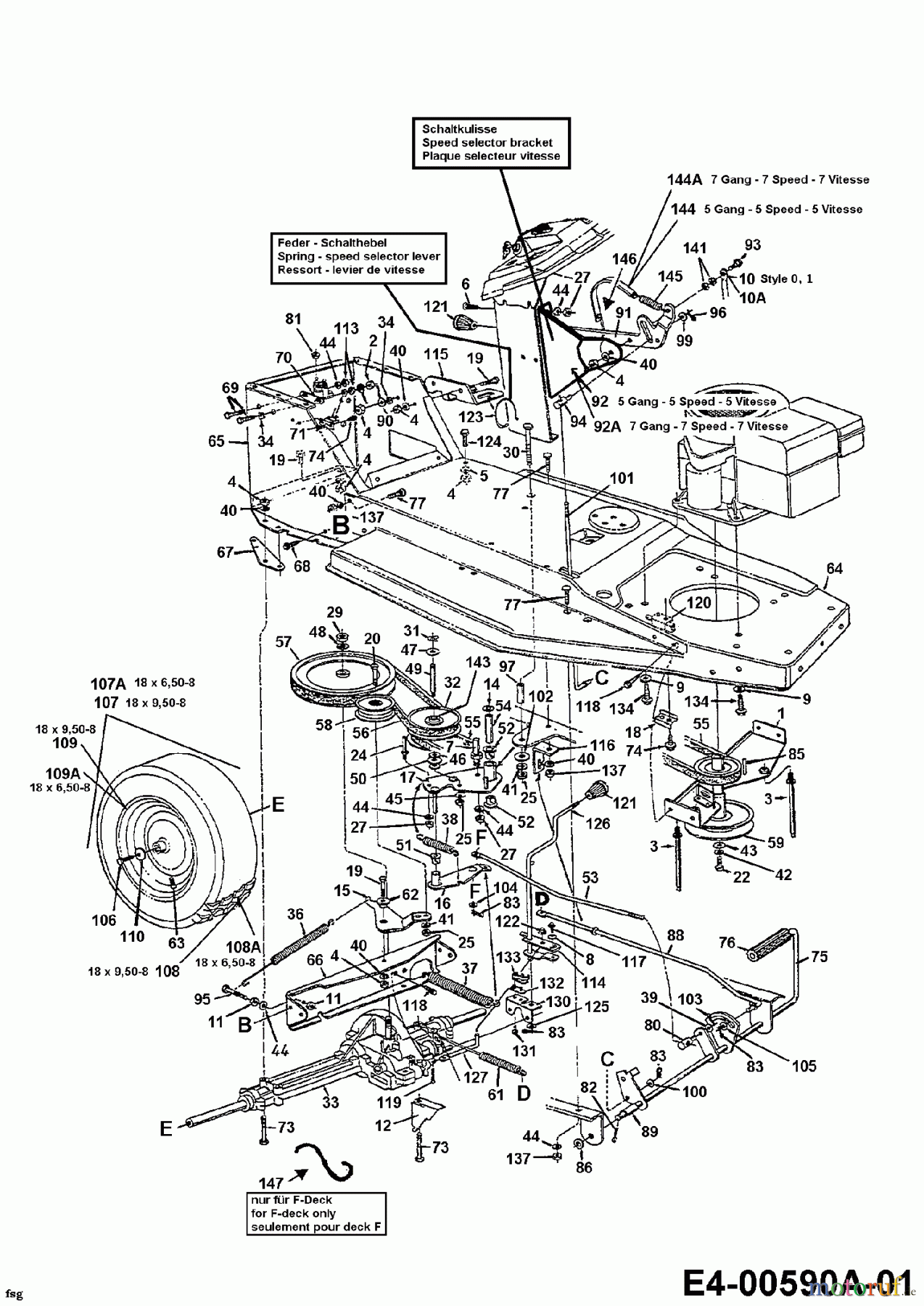  MTD Rasentraktoren B 125 13AL470E678  (1997) Fahrantrieb, Motorkeilriemenscheibe, Pedal, Räder hinten