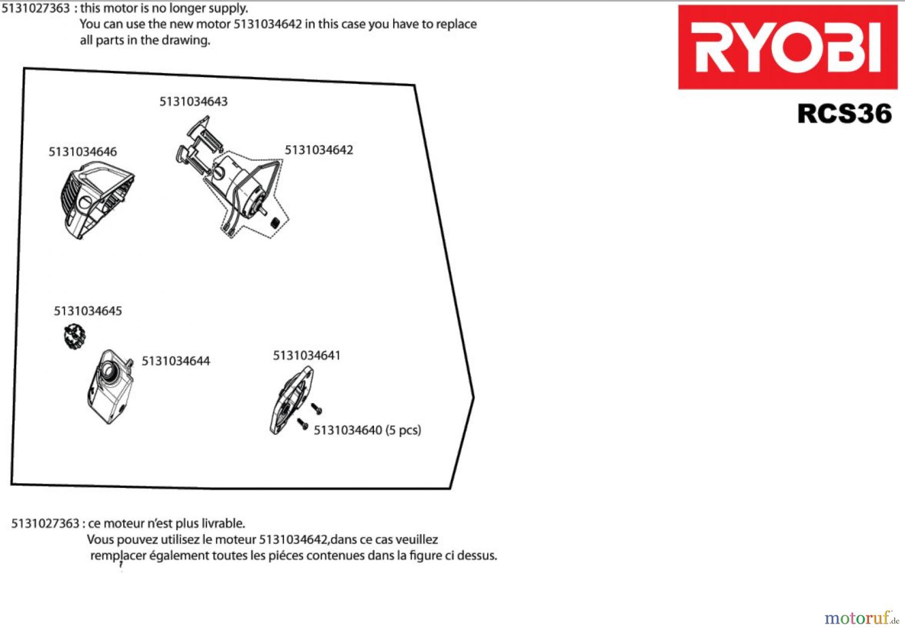  Ryobi Kettensägen Akku RCS36 Seite 2 Motor komplett.