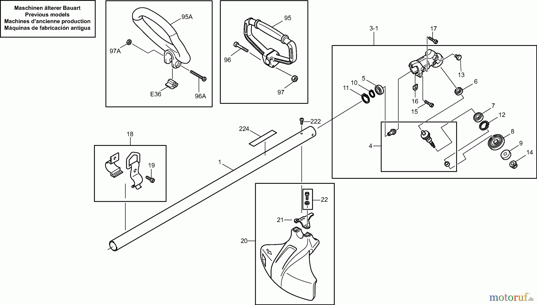 Dolmar Motorsensen & Trimmer Benzin 2-Takt MS-20 C (USA) 1b Hauptrohr, Griff, Schutzhaube, Getriebe