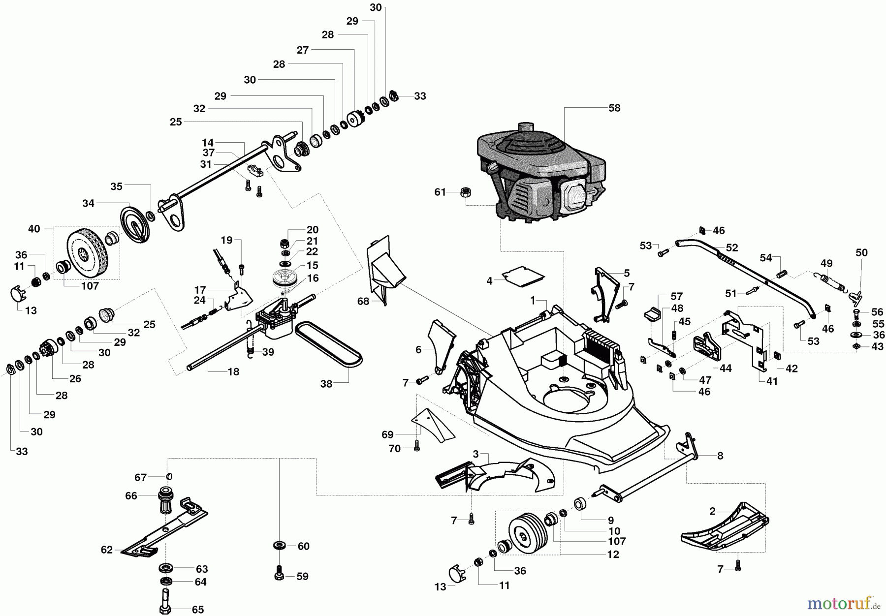  Dolmar Rasenmäher Benzin PM-4640 HSM PM-4640 HSM (2002) 6  Gehäuse, Räder, Fahrwerksverstellung, Antrieb, Messer