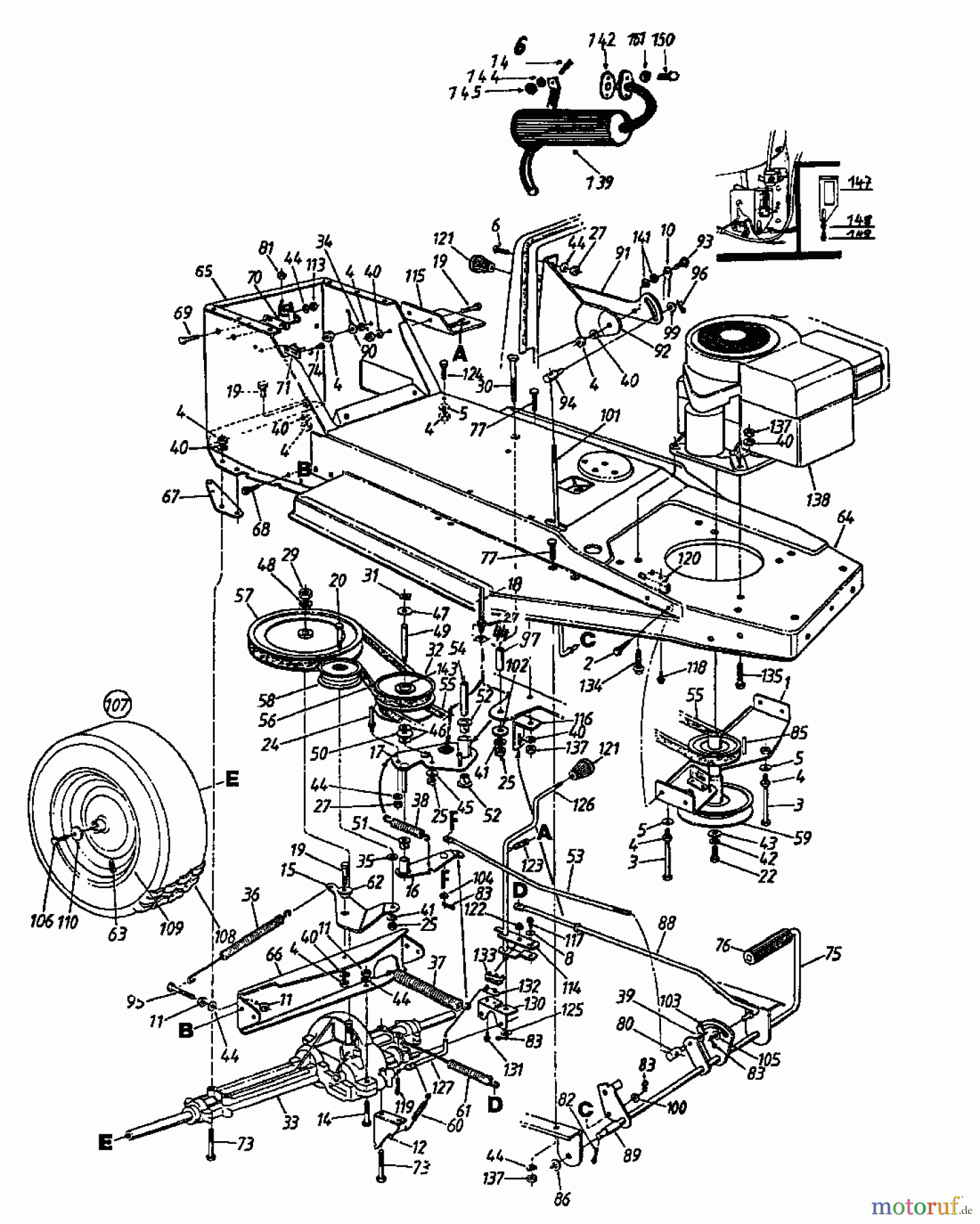  MTD Rasentraktoren 11/81 130-332D  (1990) Fahrantrieb, Motorkeilriemenscheibe, Pedal, Räder hinten