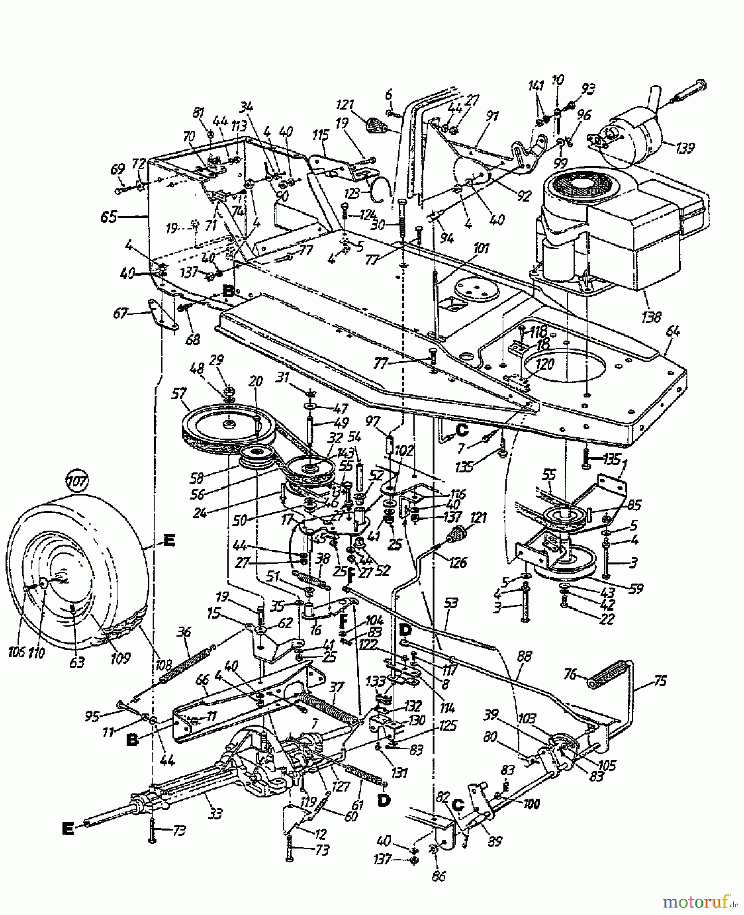  MTD Rasentraktoren 11/81 132-332D  (1992) Fahrantrieb, Motorkeilriemenscheibe, Pedal, Räder hinten