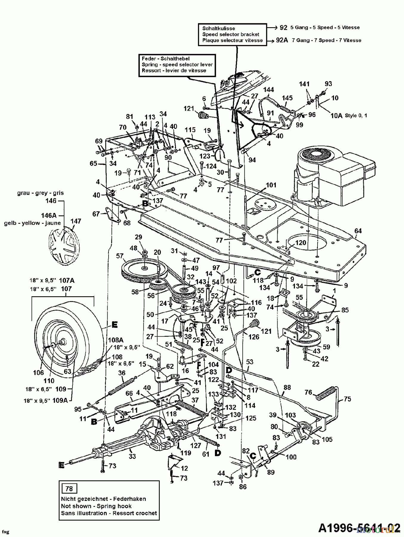  MTD Rasentraktoren 11.5/32 136C450D678  (1996) Fahrantrieb, Motorkeilriemenscheibe, Pedal, Räder hinten