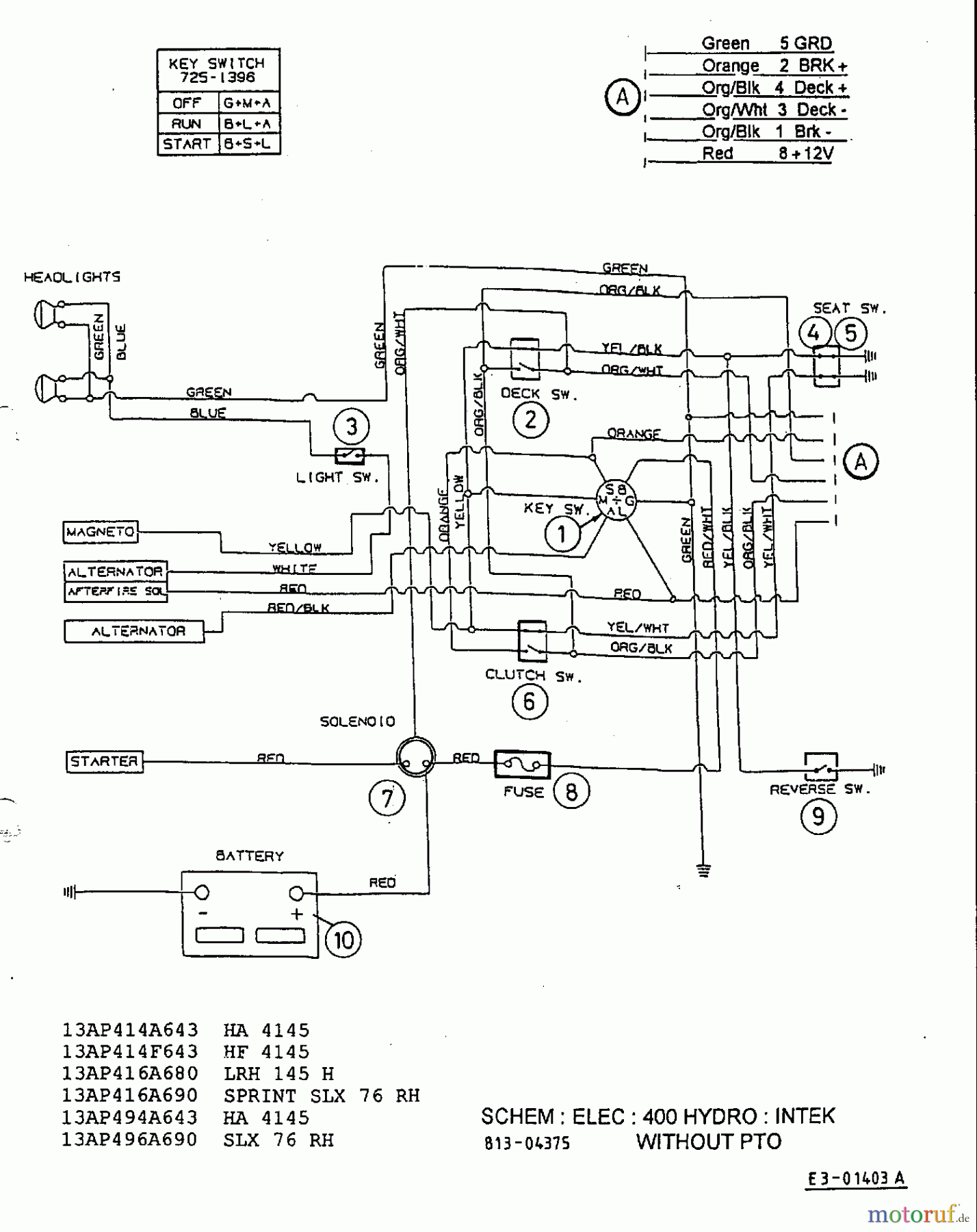  Yard-Man Rasentraktoren HA 4145 13AP494A643  (1999) Schaltplan Intek ohne Elektromagnetkupplung
