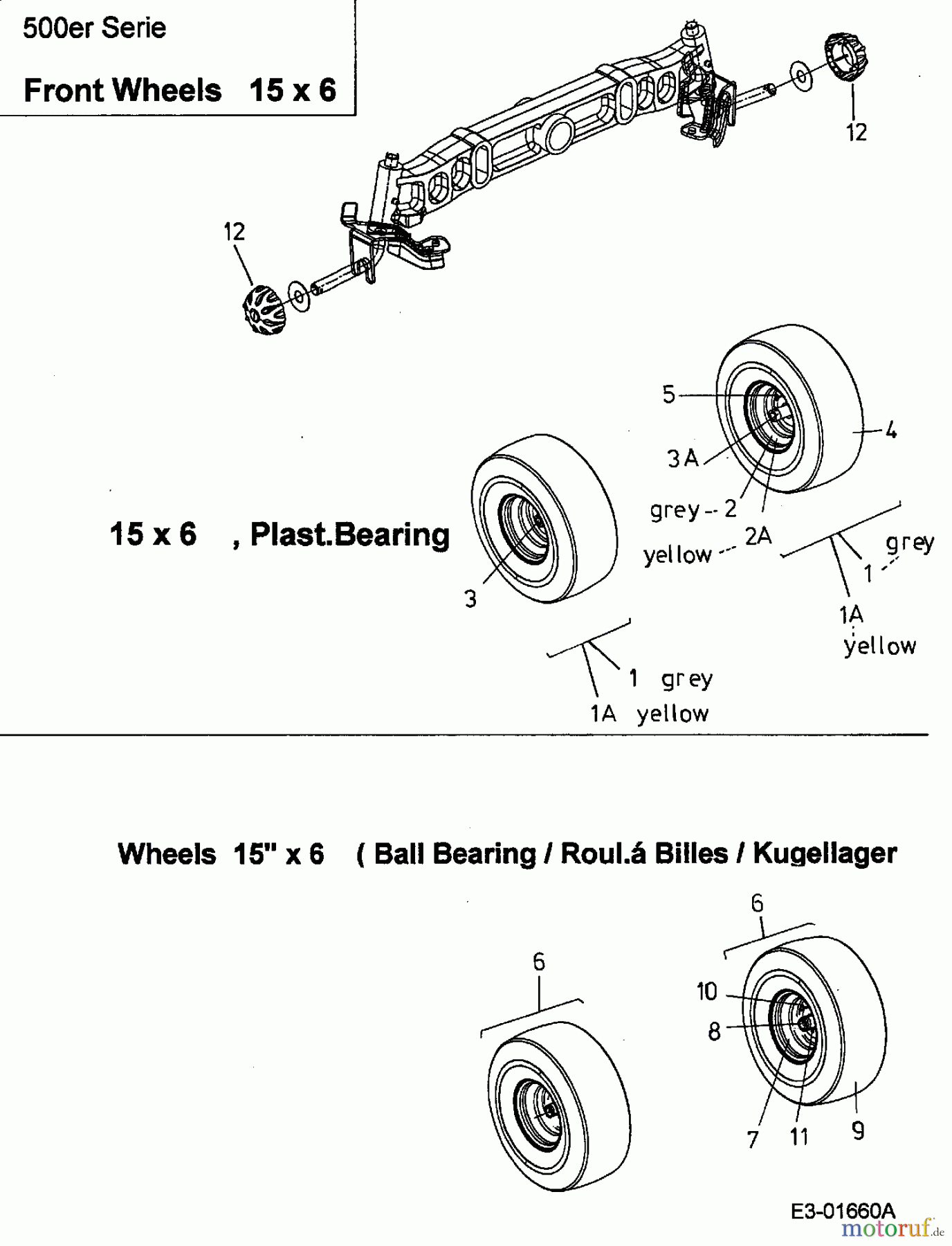  MTD ältere Modelle Rasentraktoren SN 180 H 13BQ518N678  (2003) Räder vorne 15x6, Plastik/Kugellager