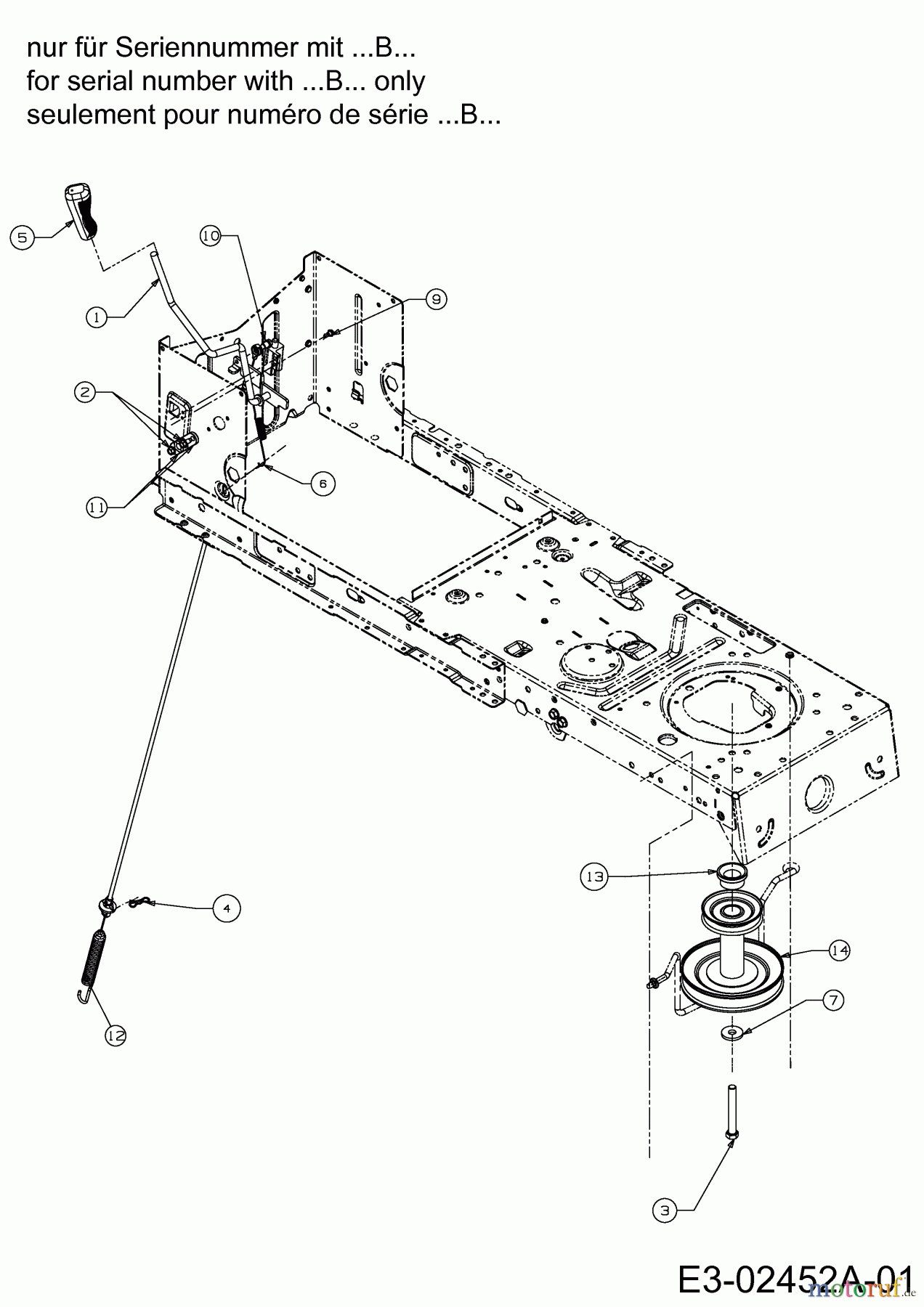  Troy-Bilt Rasentraktoren Horse XP 46 13WX79KT066  (2014) Mähwerkseinschaltung, Motorkeilriemenscheibe (Seriennummer ...B...)