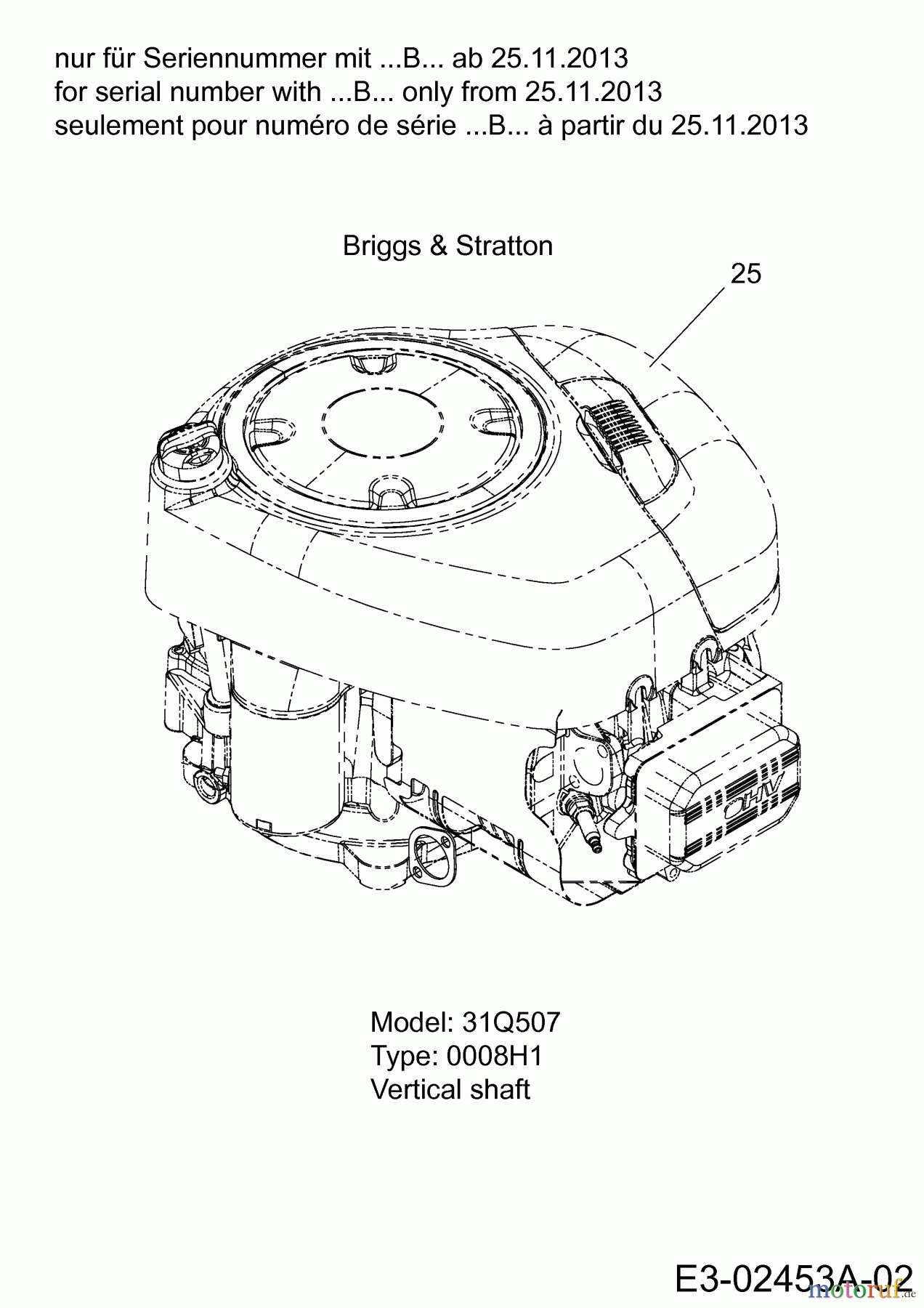  MTD Rasentraktoren Smart RF 145 H 13CM795F600  (2014) Motor Briggs & Stratton nur für Seriennummer mit ...B... ab 25.11.2013