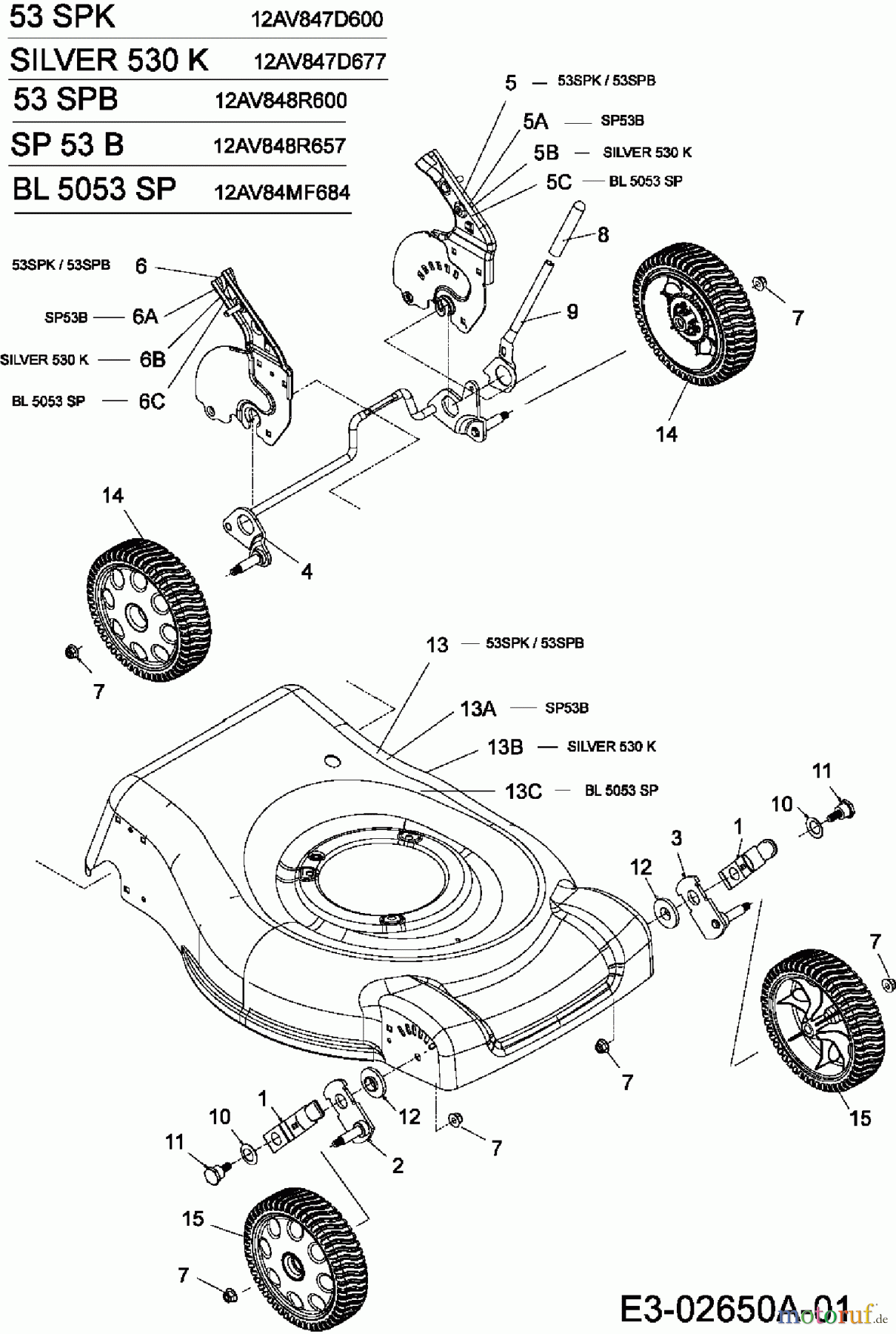  Mastercut Motormäher mit Antrieb SP 53 B 12AV848R657  (2006) Räder, Schnitthöhenverstellung