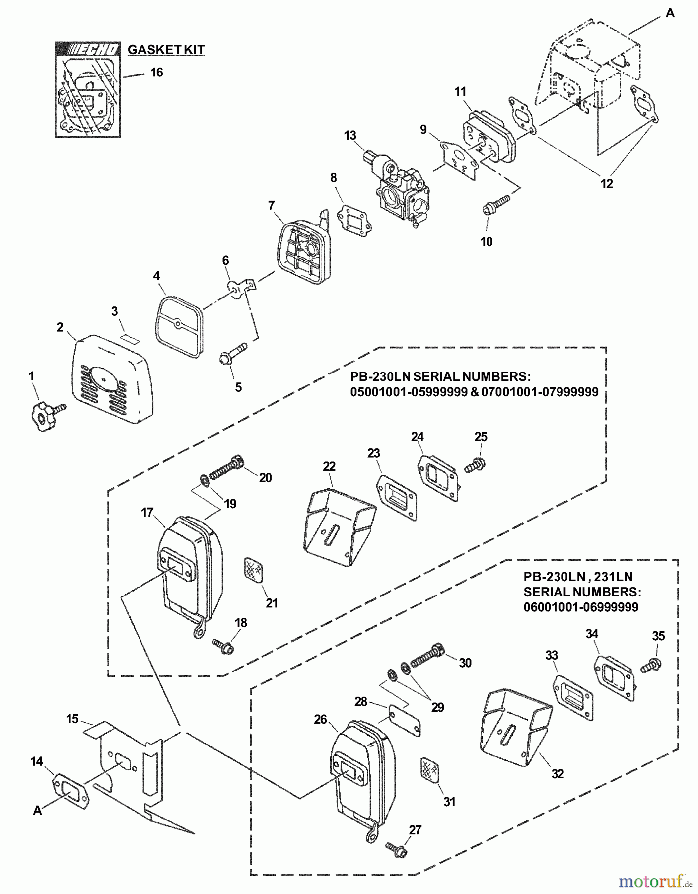 Echo Bläser / Sauger / Häcksler / Mulchgeräte	 PB-230LN - Echo Hand Held Blower, S/N: 05001001 - 05999999 Intake, Exhaust