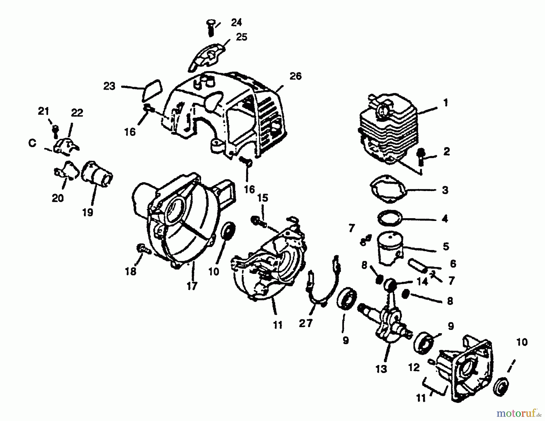 Echo Trimmer, Faden / Bürste SRM-1501 - Echo String Trimmer, S/N:0039001 - 0083386 Engine, Crankcase, Fan Housing, Cover