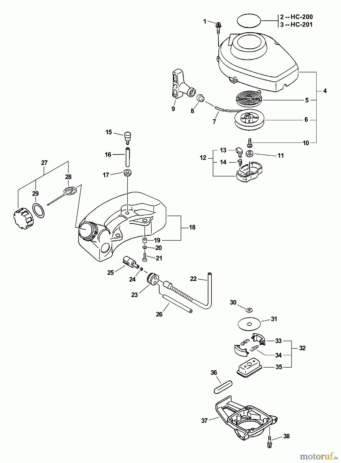  Echo Heckenscheren HC-201 - Echo Hedge Trimmer, S/N: 02001001 - 02999999 Starter, Fuel System, Clutch