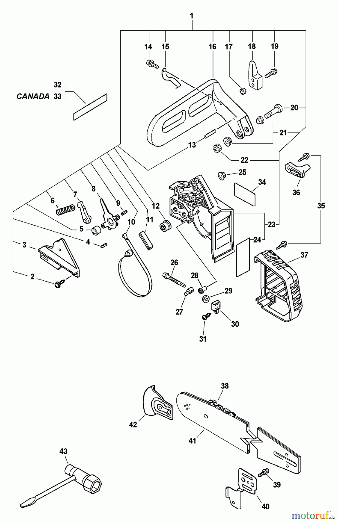 Echo Sägen, Kettensägen CS-301 - Echo Chainsaw, S/N: 02001001 - 02999999 Chain Brake, Cutting Attachment, Tools S/N: 02019714 - 04999999