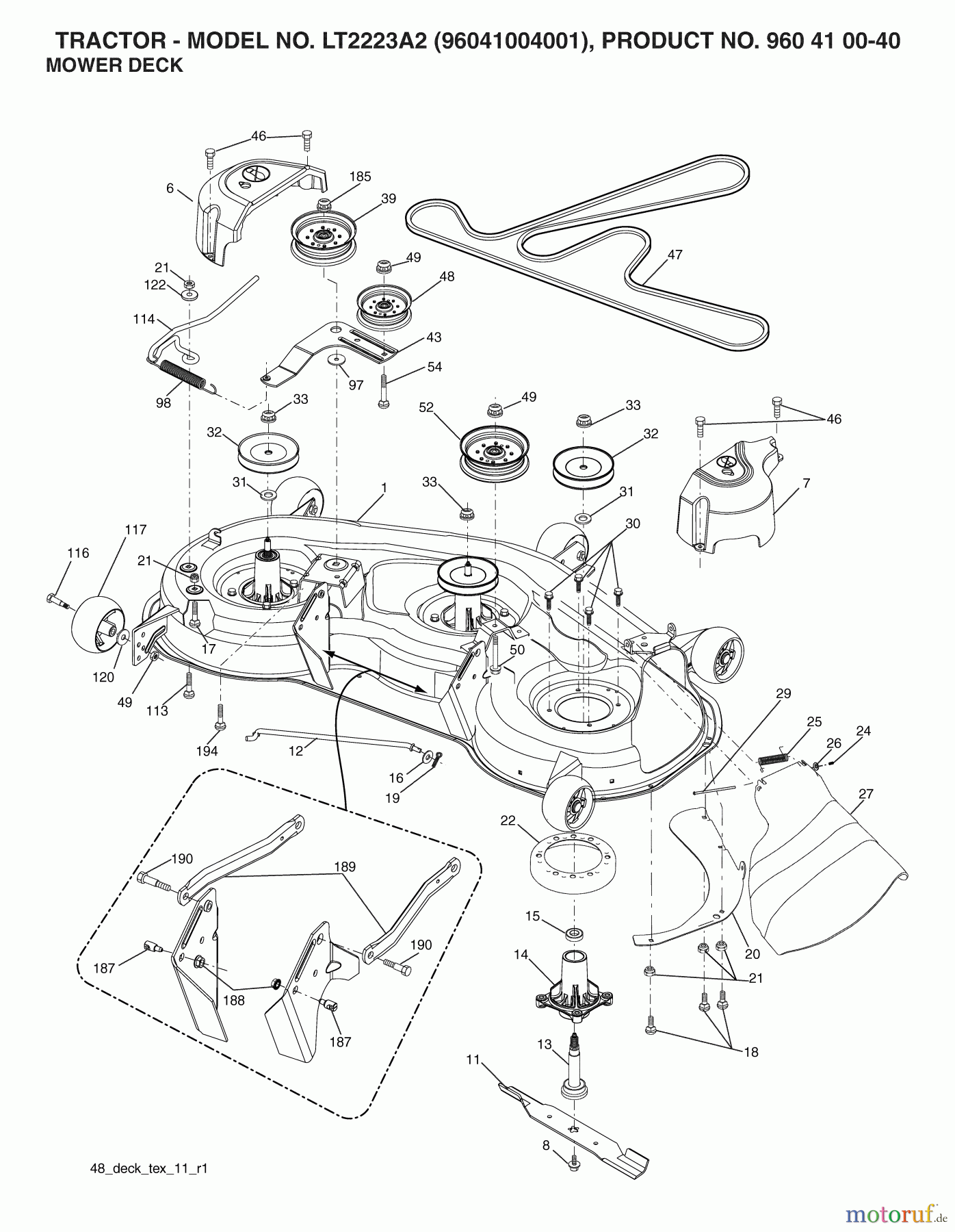  Jonsered Rasen  und Garten Traktoren LT2223 A2 (960410040, 96041004001) - Jonsered Lawn & Garden Tractor (2007-05) MOWER DECK / CUTTING DECK