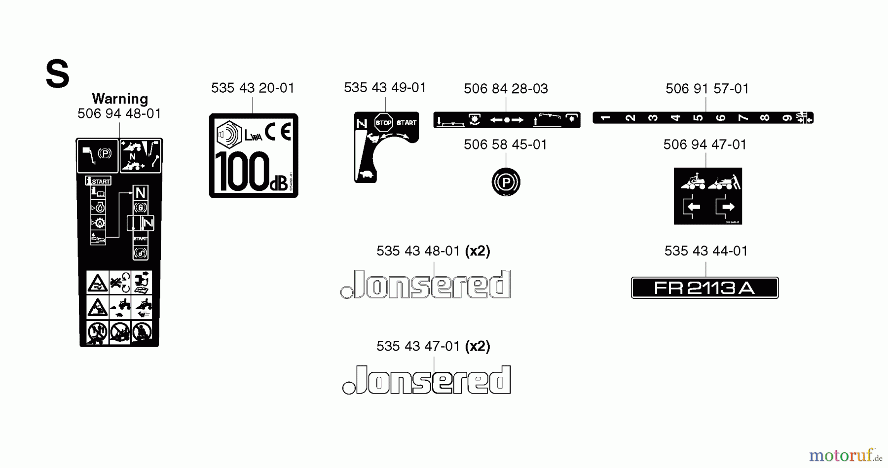  Jonsered Reitermäher FR2113 A - Jonsered Rear-Engine Riding Mower (2003-01) DECALS
