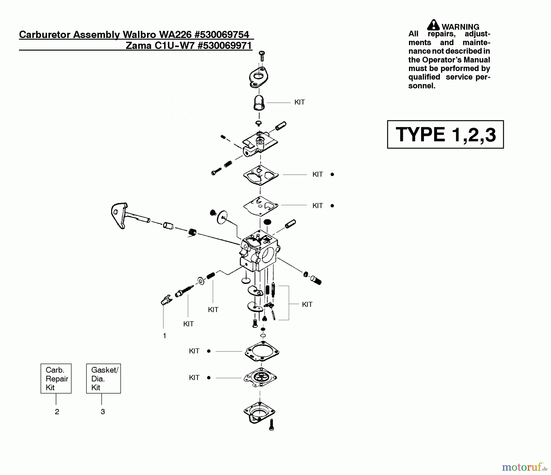  Poulan / Weed Eater Motorsensen, Trimmer PL500 (Type 3) - Weed Eater String Trimmer Carburetor Assembly (WT226) P/N 530069754, (Zama C1U-W70) P/N 530069971