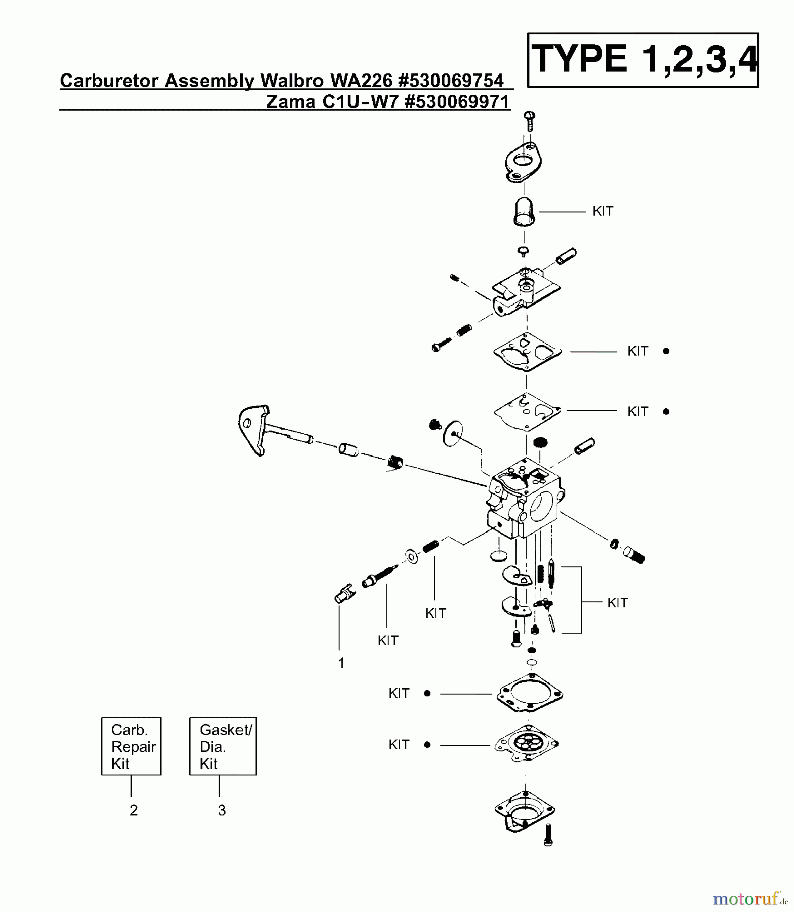  Poulan / Weed Eater Motorsensen, Trimmer XT400 (Type 3) - Weed Eater String Trimmer Carburetor Assembly (Walbro WA226) P/N 530069754, (Zama C1U-W7) P/N 530069971
