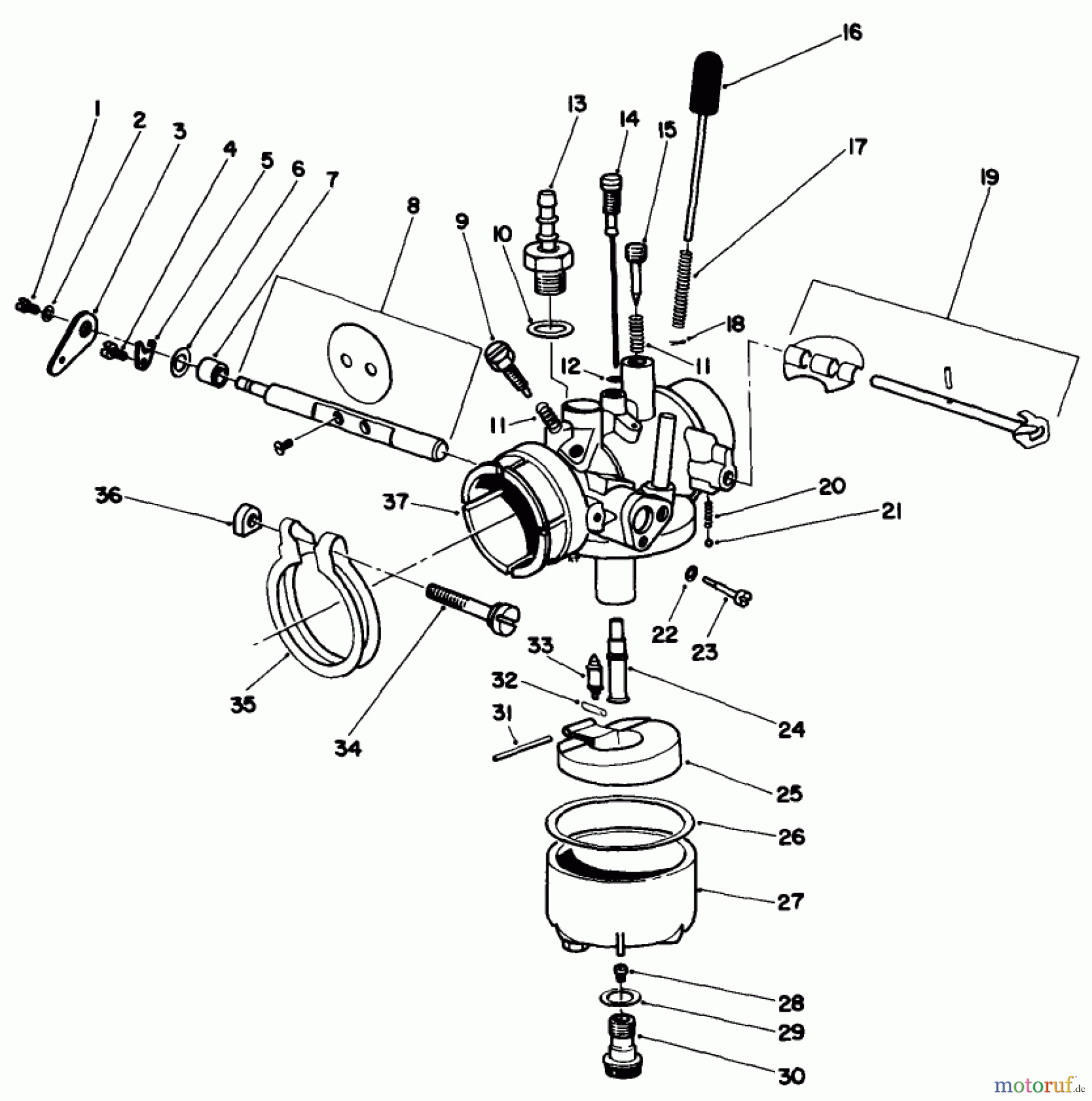 Toro Neu Mowers, Drive Unit Only 30113 - Toro Mid-Size Proline Gear Traction Unit, 8 hp, 1986 (6000001-6999999) CARBURETOR ASSEMBLY