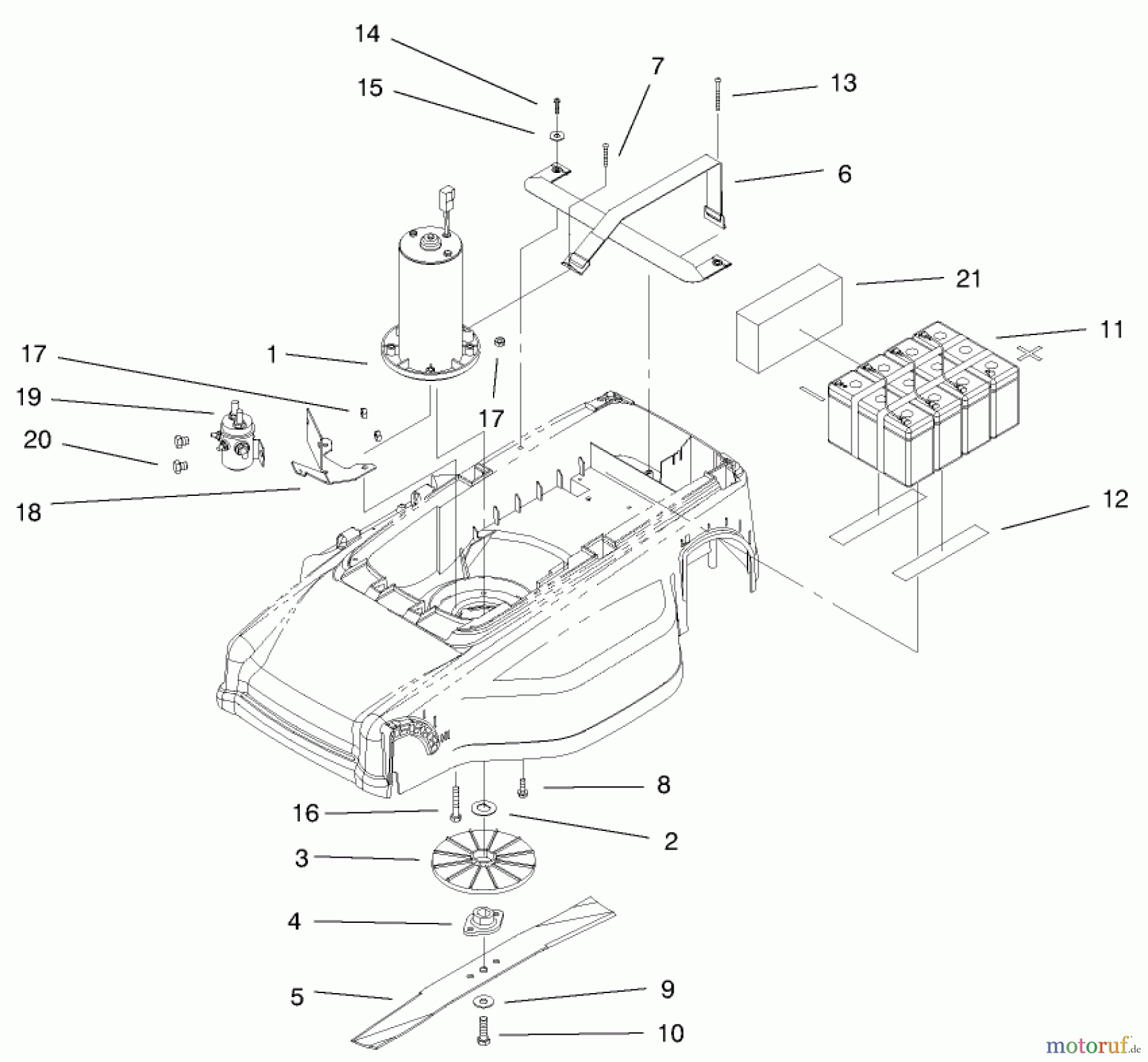  Toro Neu Mowers, Electric 20052 (E24) - Toro Carefree Recycler Electric Mower, E24, 1999 (99000001-99999999) MOTOR, BATTERIES, & BLADE ASSEMBLY
