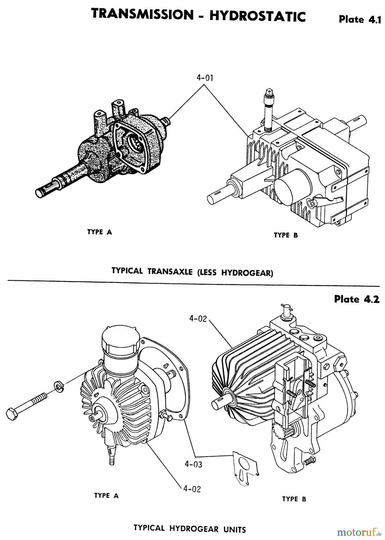  Toro Neu Mowers, Lawn & Garden Tractor Seite 1 1-0100 - Toro WorkHorse 800 Tractor, 1971 4.000 TRANSMISSION-HYDROSTATIC-4.000 COMPLETE ASSY. HYDRO. TRANS. (PLATE 4.1, 4.2)