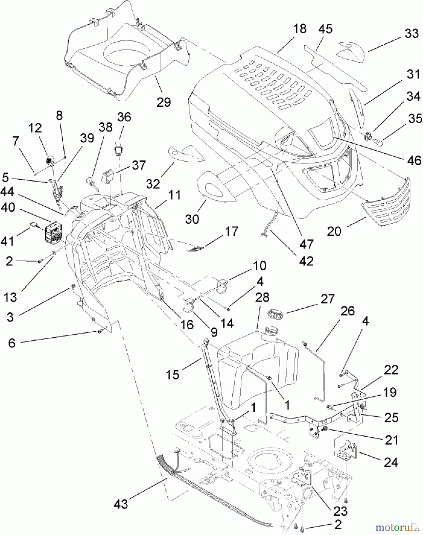  Toro Neu Mowers, Lawn & Garden Tractor Seite 1 13AP60RP544 (LX500) - Toro LX500 Lawn Tractor, 2006 (1A056B50000-) FUEL TANK AND HOOD ASSEMBLY