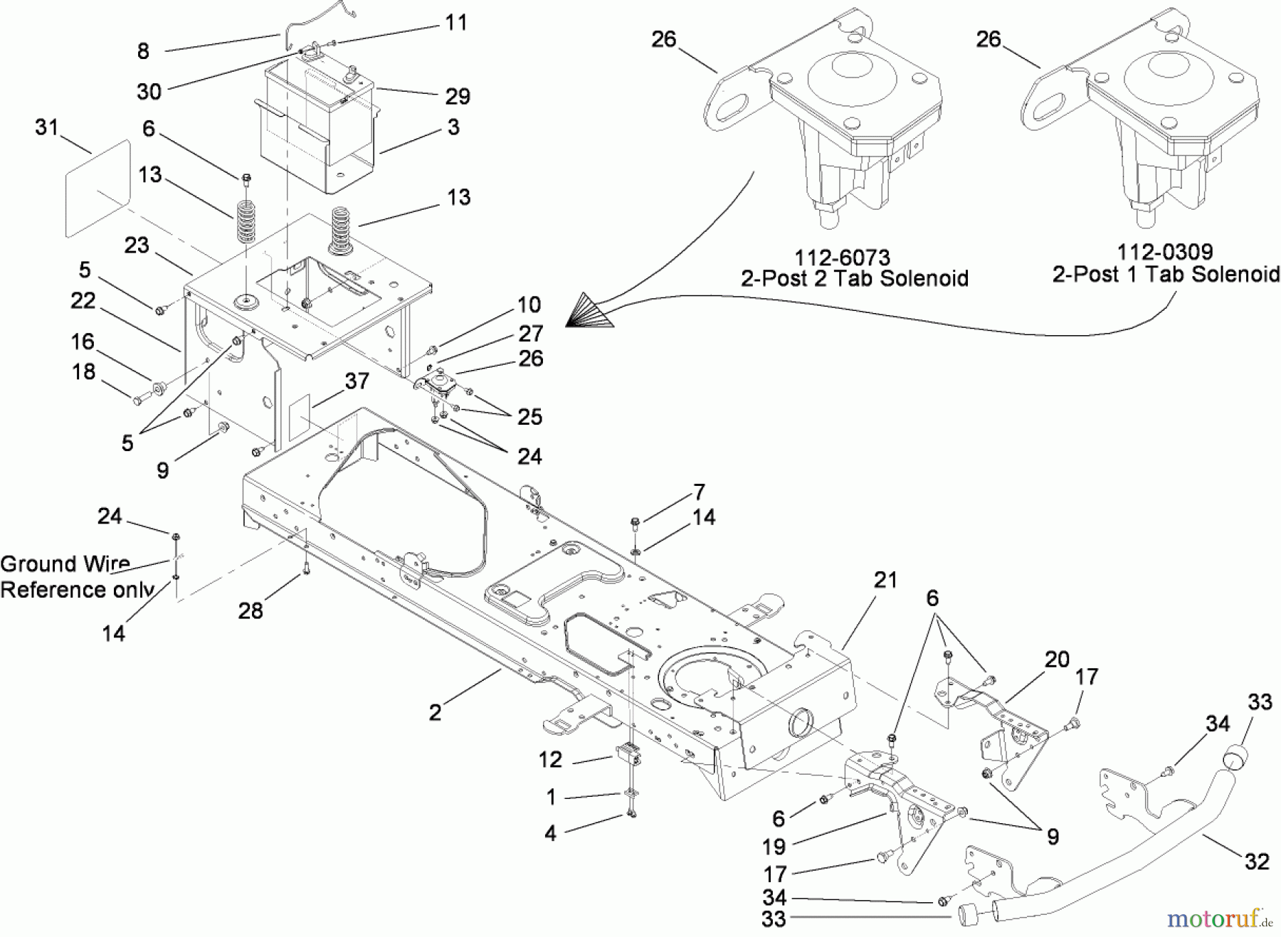  Toro Neu Mowers, Lawn & Garden Tractor Seite 1 13AP62RP544 (SL500) - Toro SL500 Super Lawn Tractor, 2007 (1B157H20701-) FRAME AND BATTERY ASSEMBLY