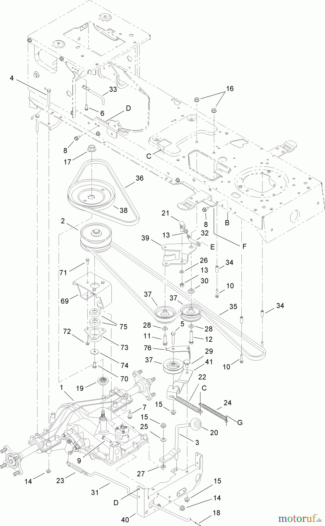  Toro Neu Mowers, Lawn & Garden Tractor Seite 1 14AP80RP544 (GT2100) - Toro GT2100 Garden Tractor, 2006 (1A136H30000-) TRANSMISSION, BELT AND PULLEY ASSEMBLY