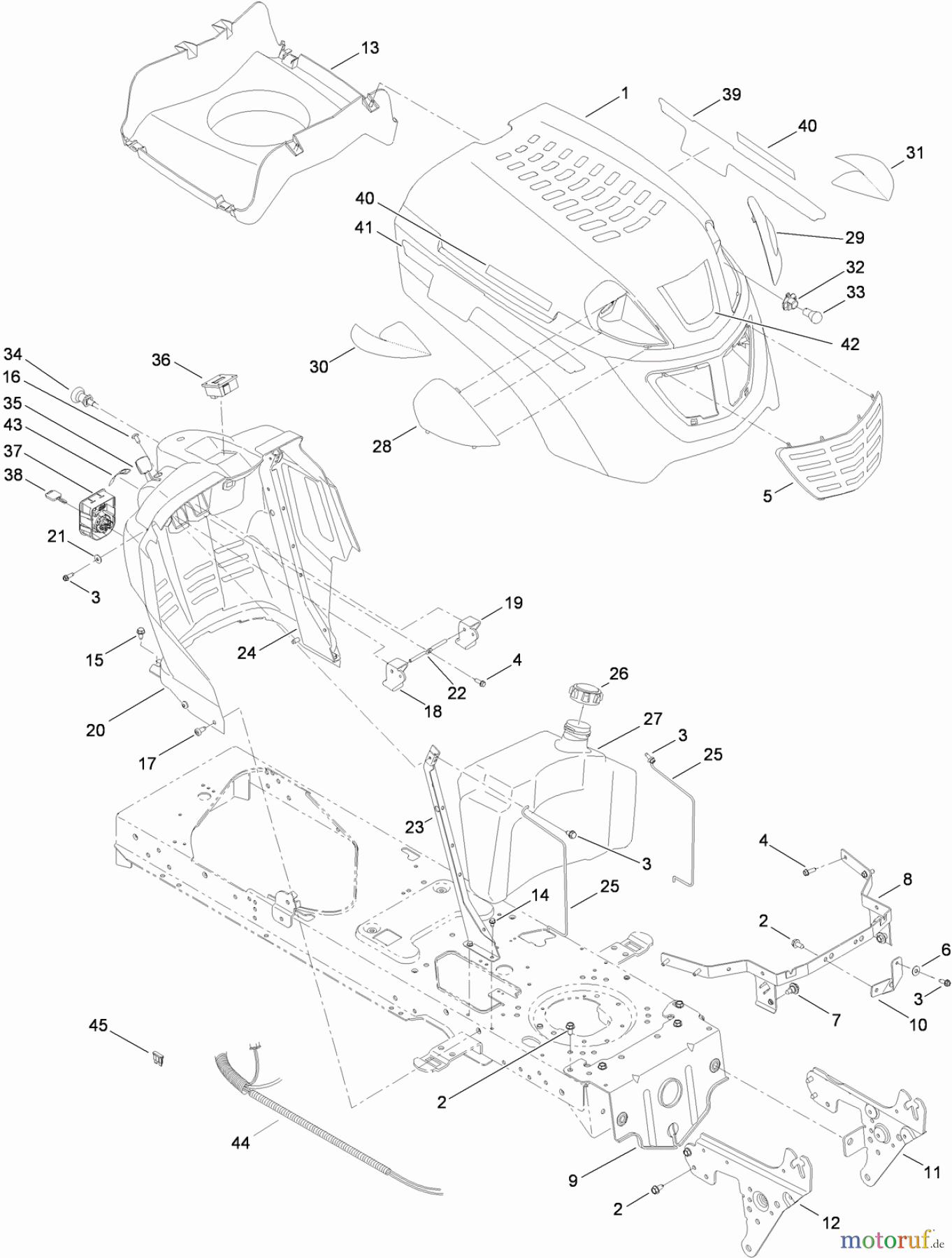  Toro Neu Mowers, Lawn & Garden Tractor Seite 1 14AQ81RP848 (GT2200) - Toro GT2200 Garden Tractor, 2009 (1-1) FUEL TANK, HOOD AND DASH ASSEMBLY