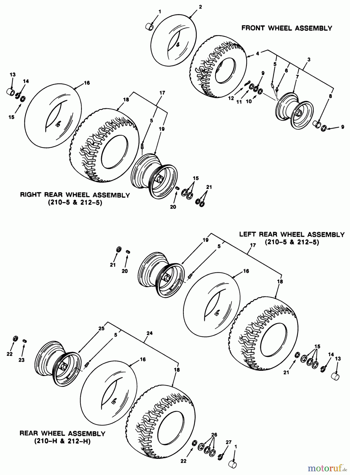  Toro Neu Mowers, Lawn & Garden Tractor Seite 1 32-12OE02 (212-H) - Toro 212-H Tractor, 1991 (1000001-1999999) WHEEL & TIRE ASSEMBLY