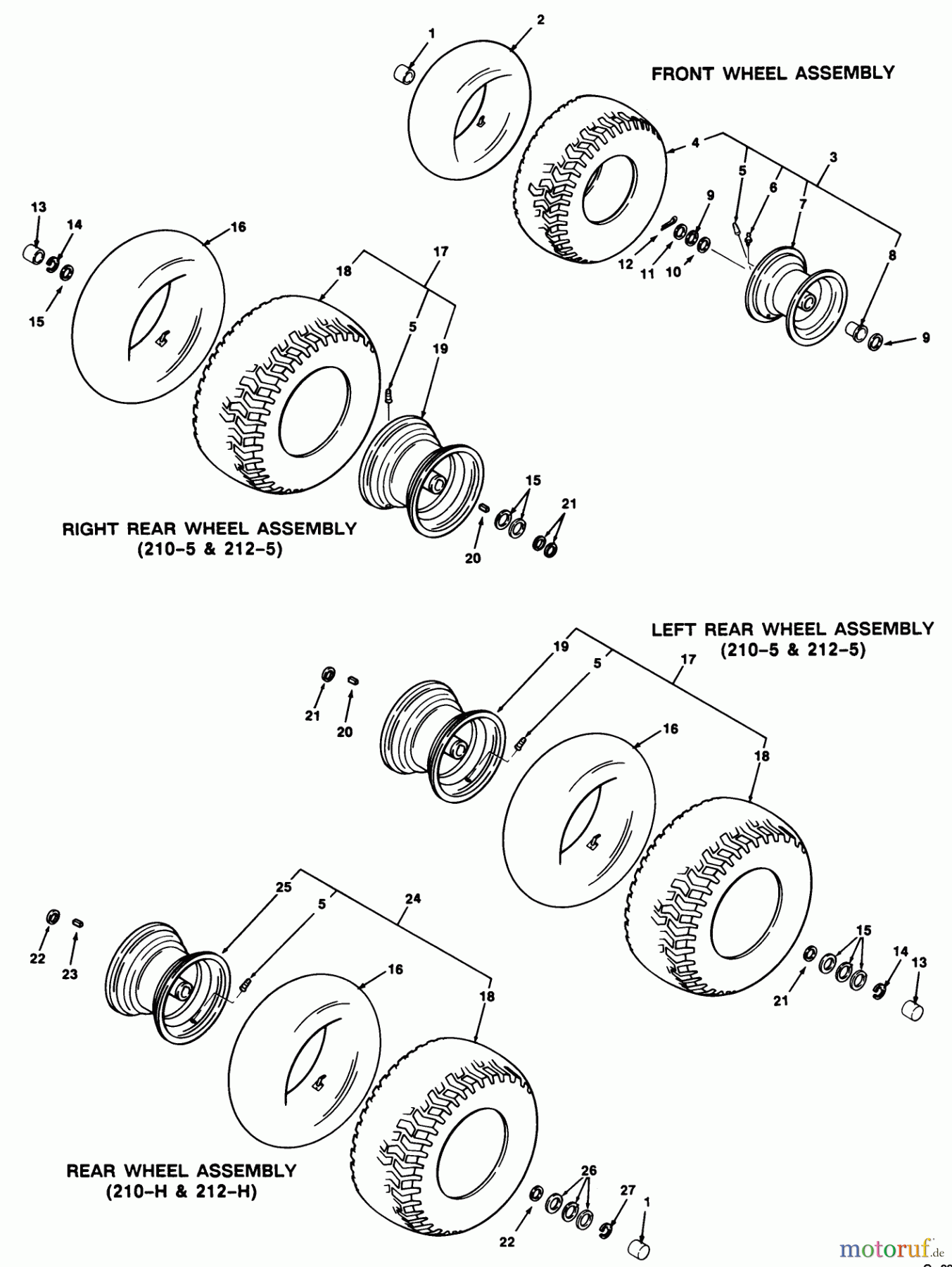  Toro Neu Mowers, Lawn & Garden Tractor Seite 1 32-12OE03 (212-H) - Toro 212-H Tractor, 1992 (2000001-2999999) WHEEL & TIRE ASSEMBLY