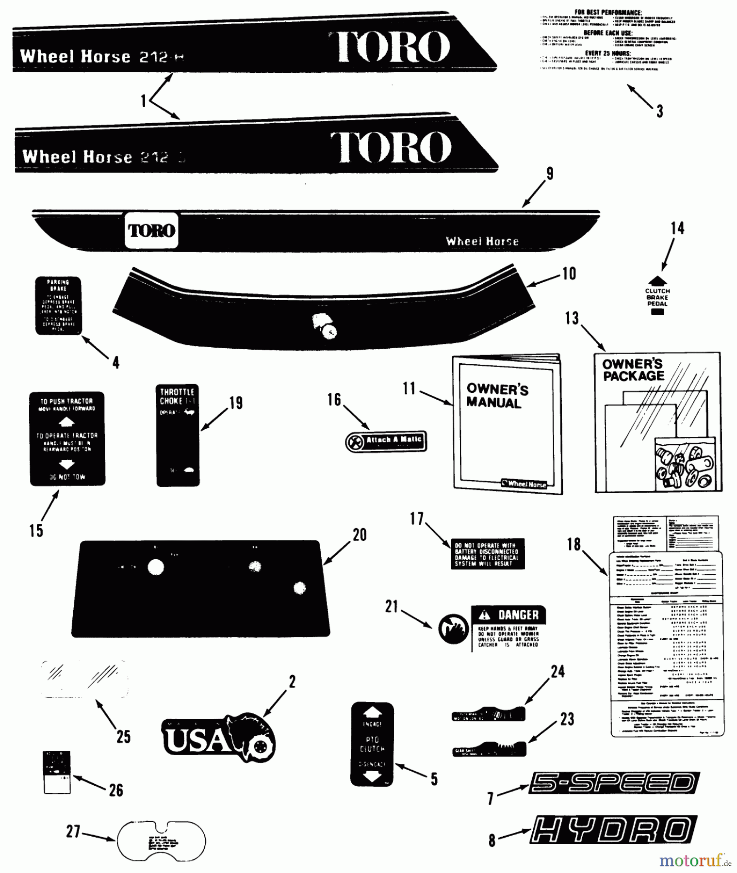  Toro Neu Mowers, Lawn & Garden Tractor Seite 1 32-12BEA2 (212-H) - Toro 212-H Tractor, 1991 (1000001-1999999) DECAL & MISCELLANEOUS PARTS ASSEMBLY