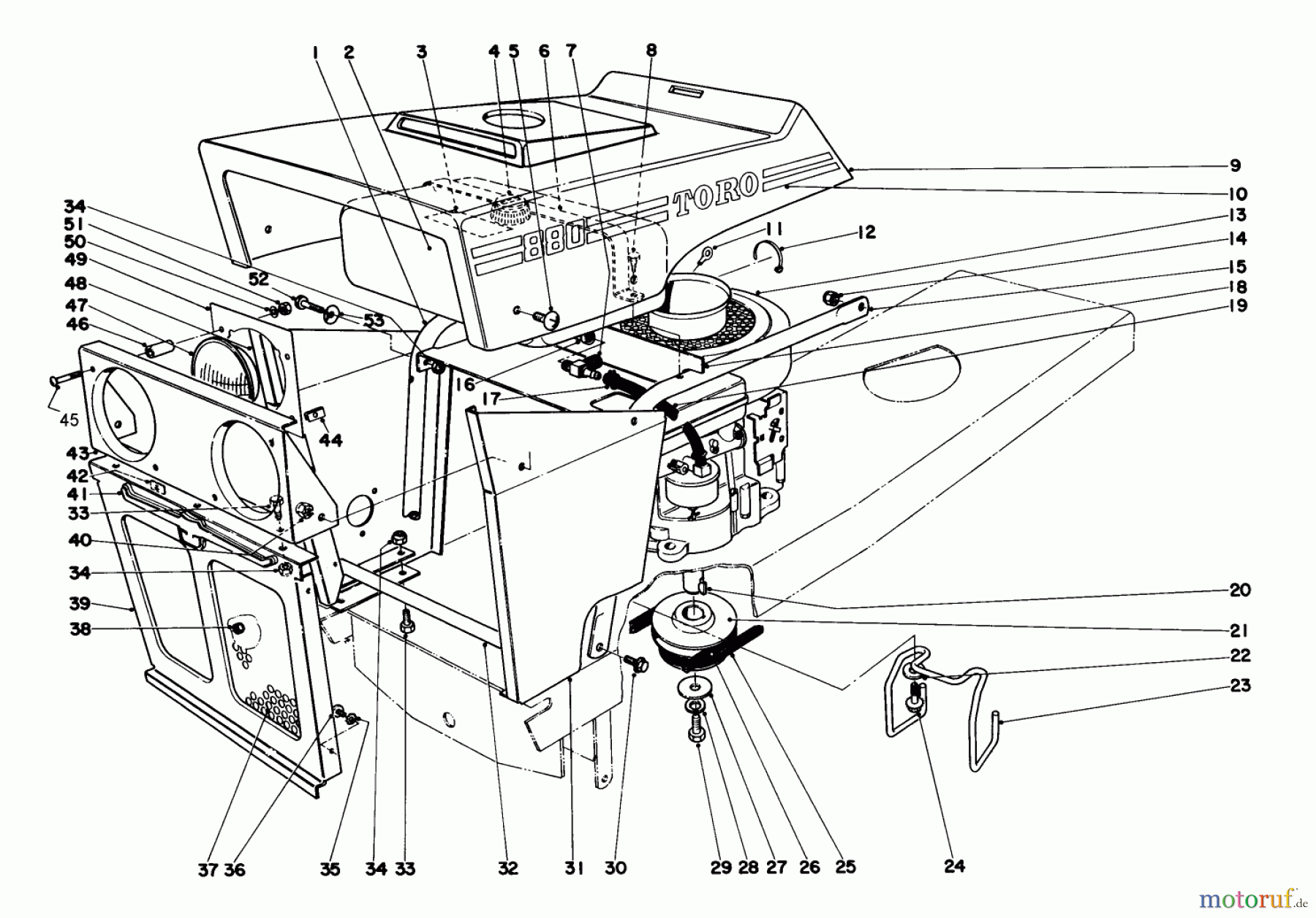  Toro Neu Mowers, Lawn & Garden Tractor Seite 1 55055 (800) - Toro 800 Electric Lawn Tractor, 1971 (1000001-1999999) HOOD AND ENGINE ASSEMBLY