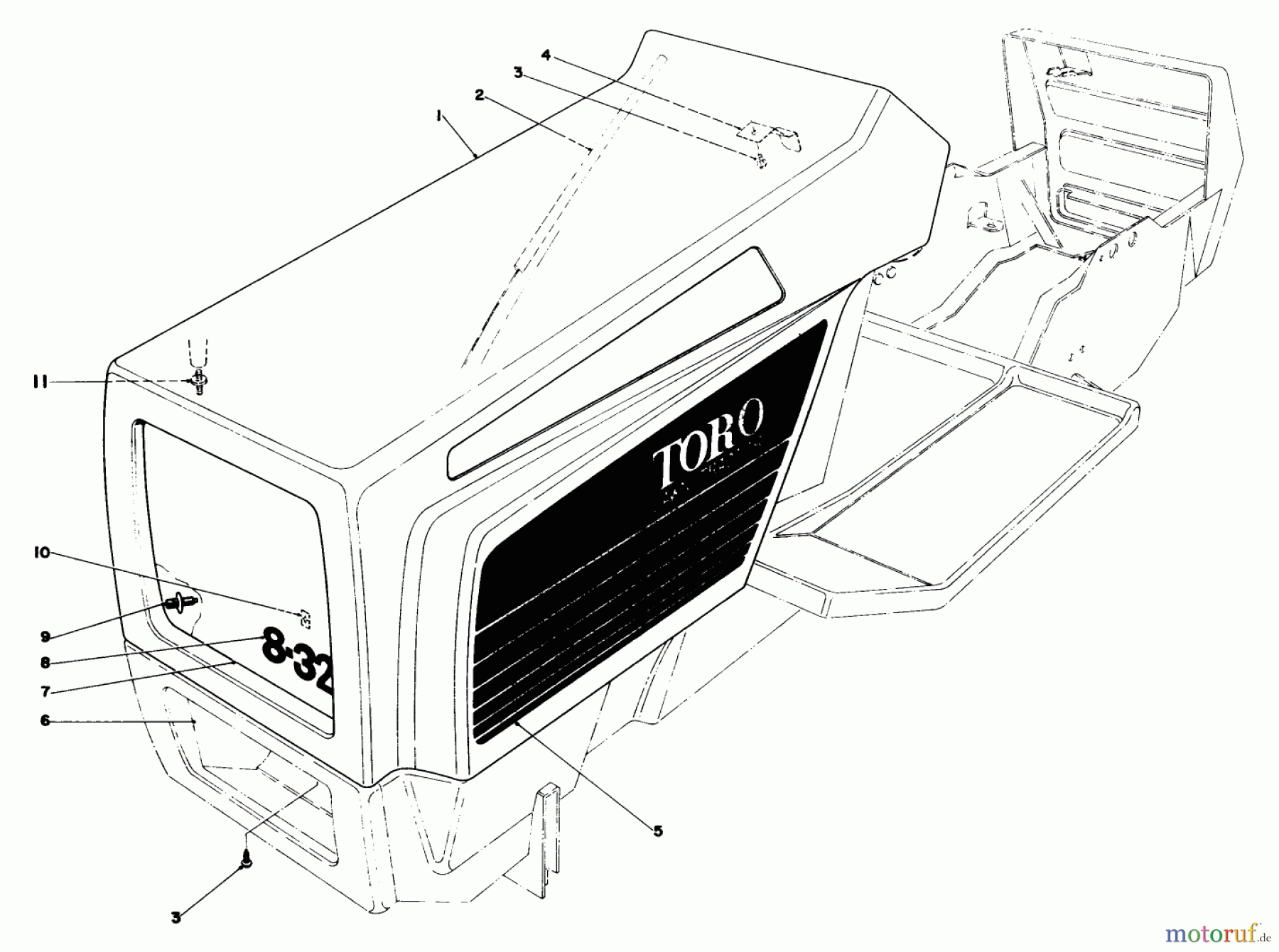  Toro Neu Mowers, Lawn & Garden Tractor Seite 1 57300 (8-32) - Toro 8-32 Front Engine Rider, 1983 (3000001-3999999) HOOD ASSEMBLY MODEL 57300