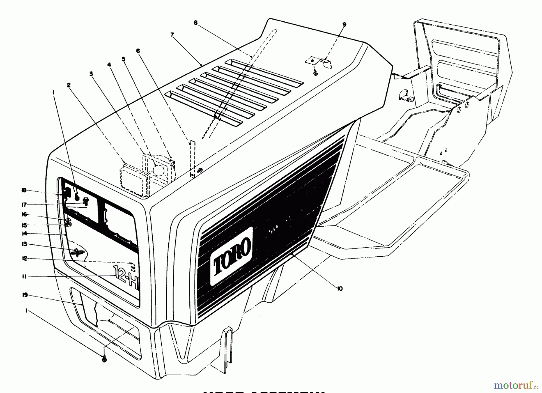  Toro Neu Mowers, Lawn & Garden Tractor Seite 1 57400 - Toro 12 hp Electric Start Lawn Tractor, 1988 (8000001-8999999) HOOD ASSEMBLY