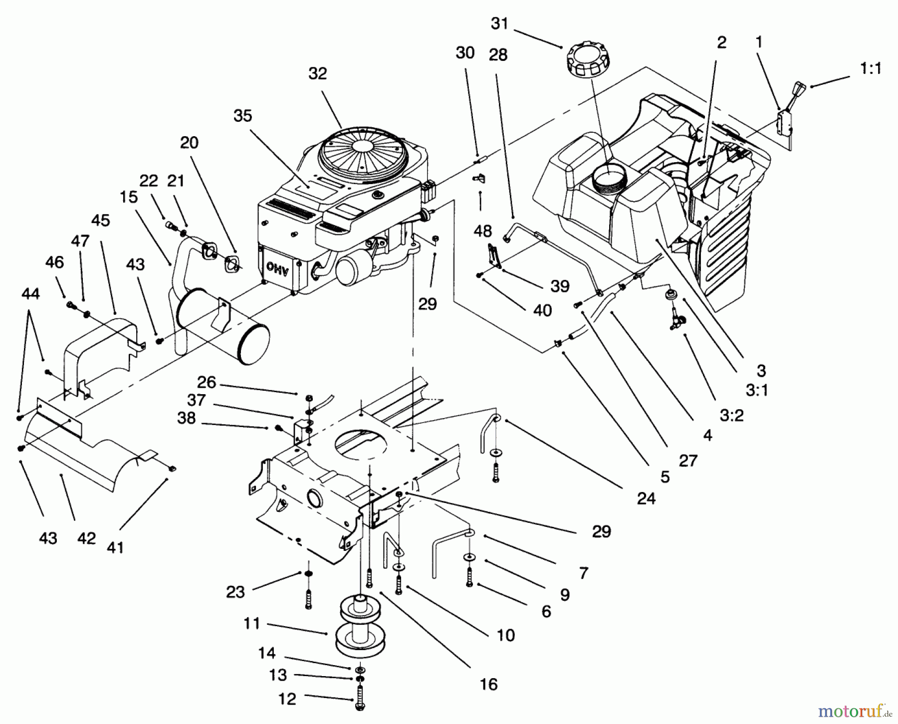  Toro Neu Mowers, Lawn & Garden Tractor Seite 1 71217 (14-38HXL) - Toro 14-38HXL Lawn Tractor, 1996 (6900001-6999999) ENGINE SYSTEM COMPONENTS ASSEMBLY