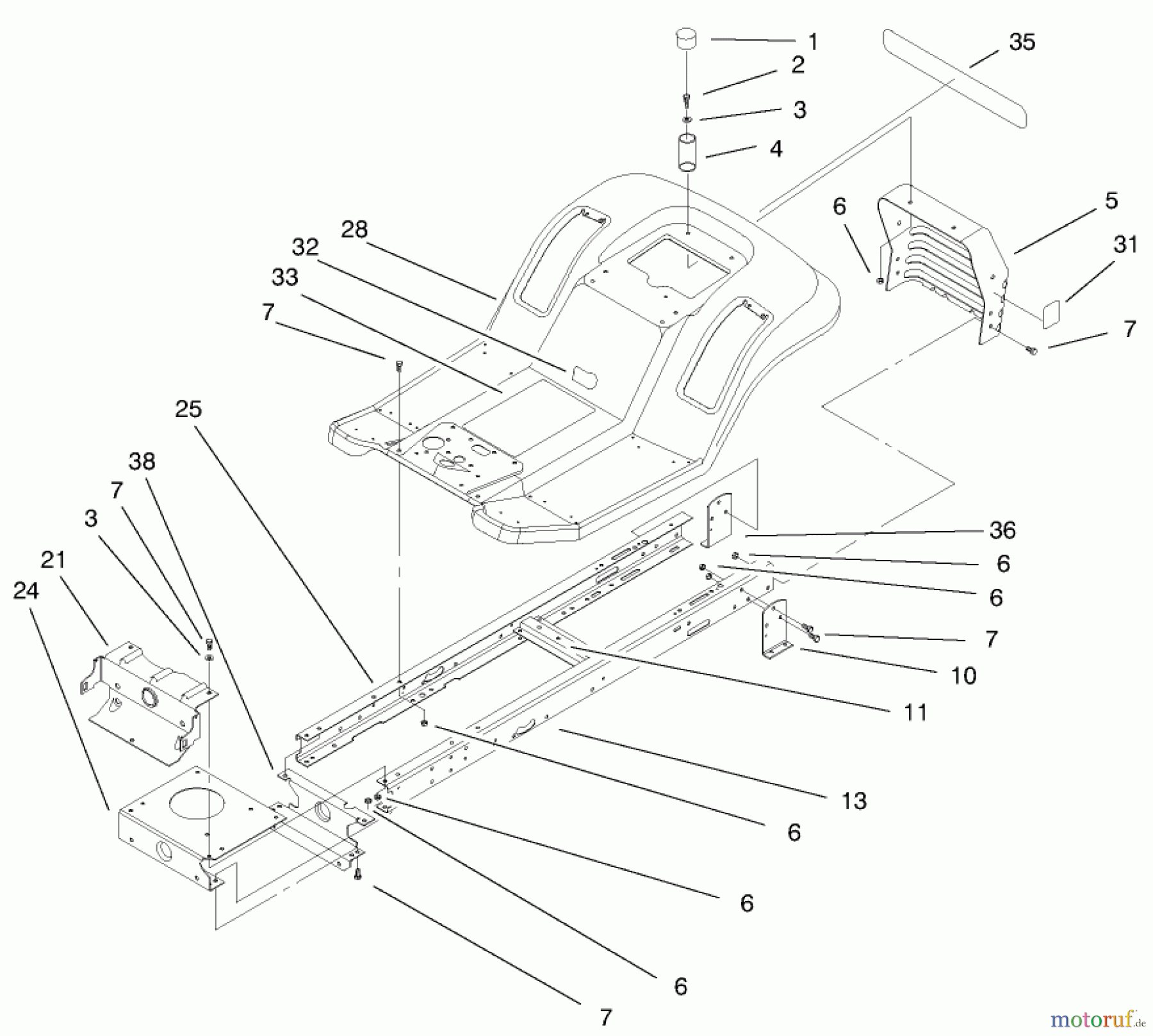  Toro Neu Mowers, Lawn & Garden Tractor Seite 1 71280 (17-44HXLE) - Toro 17-44HXLE Lawn Tractor, 2000 (200000001-200999999) FRAME & BODY ASSEMBLY
