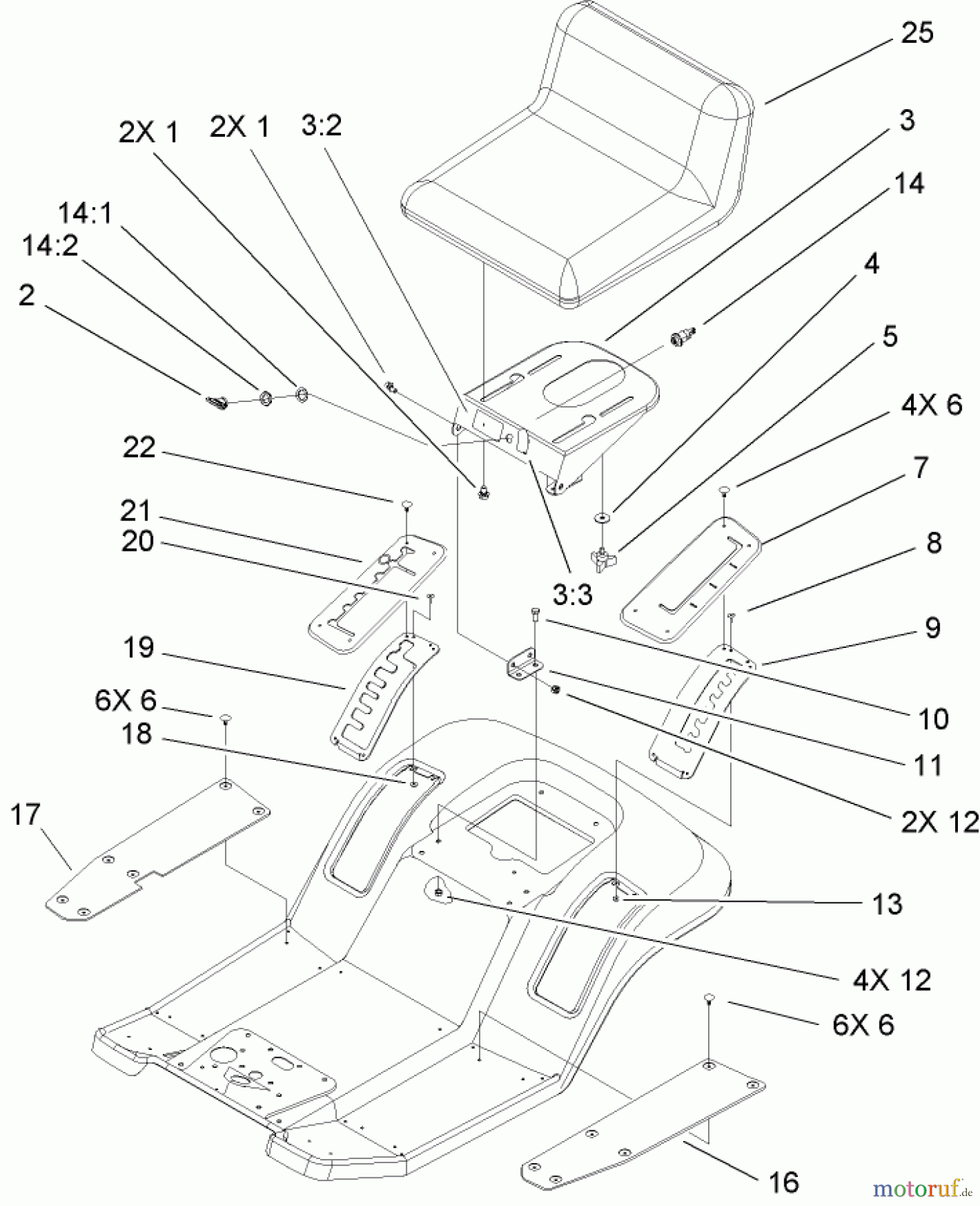Toro Neu Mowers, Lawn & Garden Tractor Seite 1 71199 (XL 320) - Toro XL 320 Lawn Tractor, 2005 (250000001-250999999) REAR BODY AND SEAT ASSEMBLY