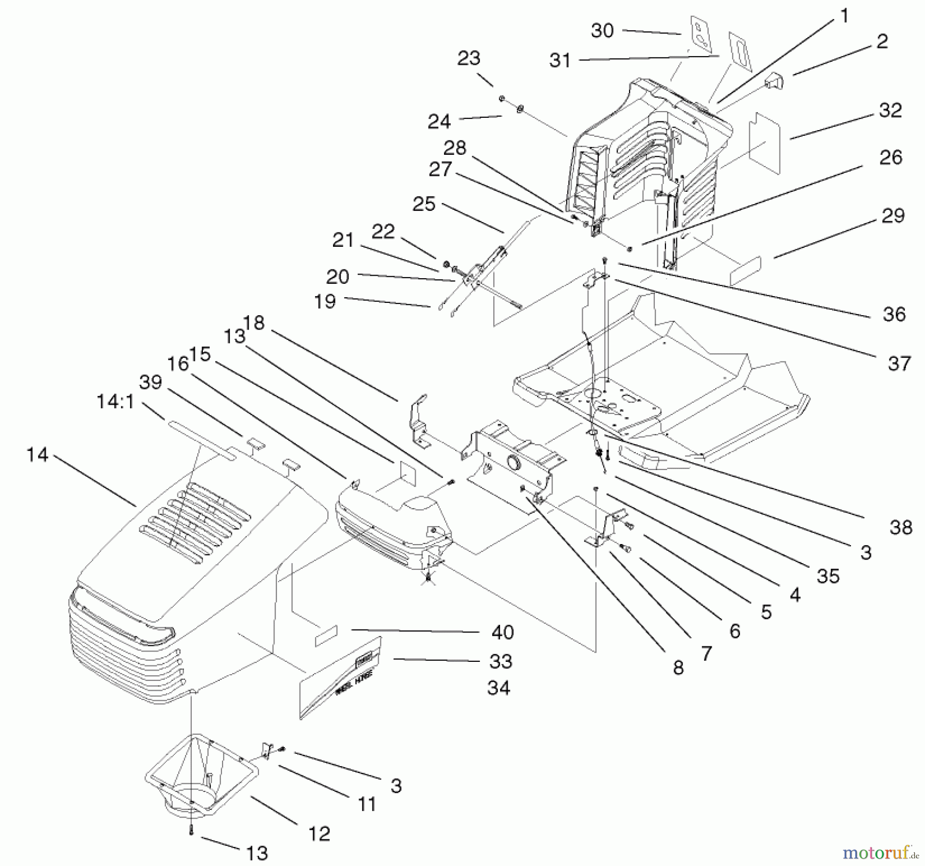  Toro Neu Mowers, Lawn & Garden Tractor Seite 1 71228 (17-44HXL) - Toro 17-44HXL Lawn Tractor, 2001 (210000001-210999999) HOOD AND TOWER ASSEMBLY