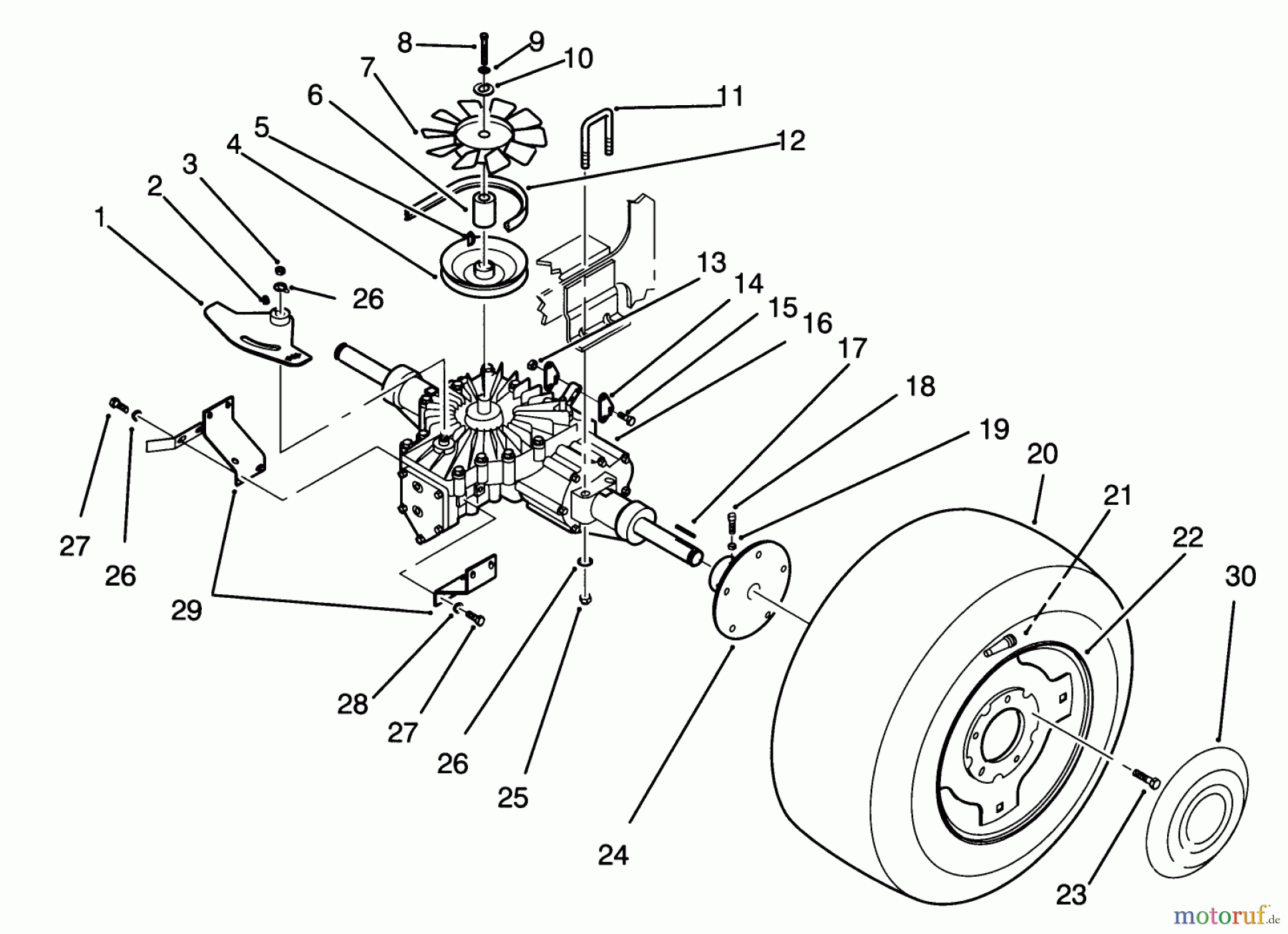  Toro Neu Mowers, Lawn & Garden Tractor Seite 1 72081 (246-H) - Toro 246-H Yard Tractor, 1993 (3900001-3999999) REAR WHEEL AND TRANSMISSION ASSEMBLY