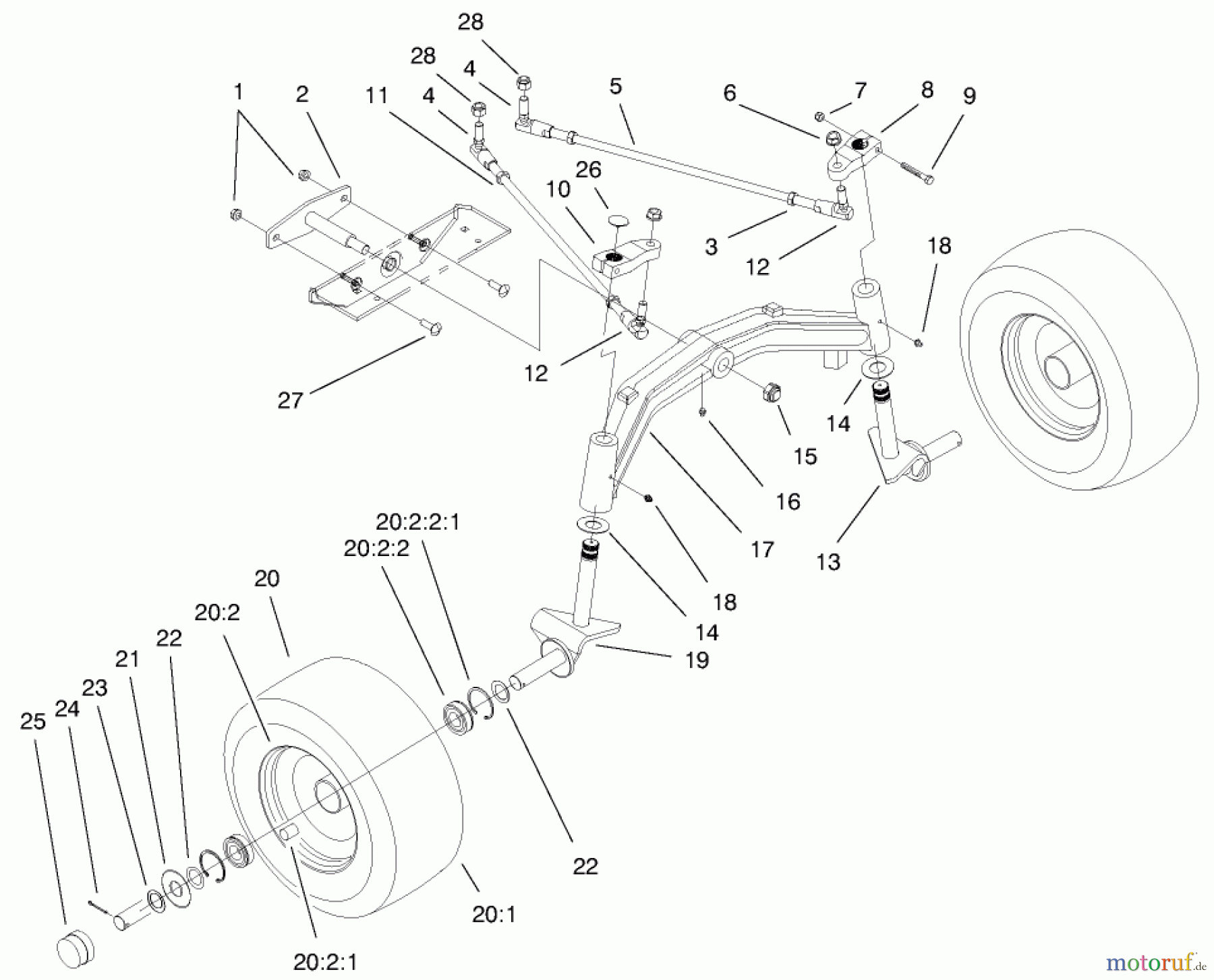  Toro Neu Mowers, Lawn & Garden Tractor Seite 1 73471 (518xi) - Toro 518xi Garden Tractor, 2000 (000000001-000999999) TIE RODS, SPINDLE, & FRONT AXLE ASSEMBLY
