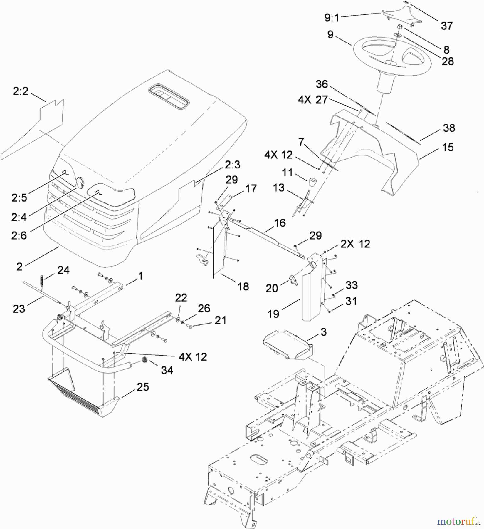 Toro Neu Mowers, Lawn & Garden Tractor Seite 1 74582 (DH 210) - Toro DH 210 Lawn Tractor, 2010 (310000001-310999999) BODY AND HOOD ASSEMBLY