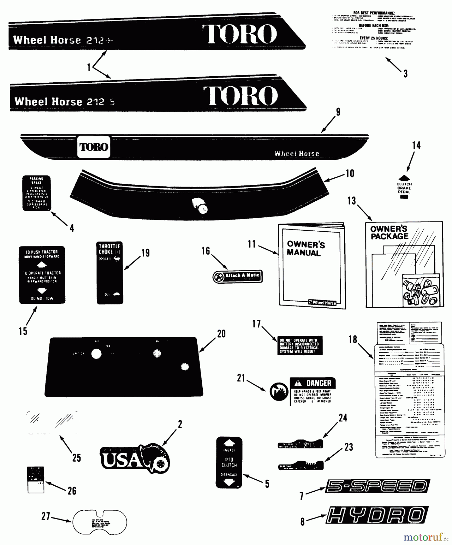  Toro Neu Mowers, Lawn & Garden Tractor Seite 2 A2-12KE02 (212-H) - Toro 212-H Tractor, 1991 (1000001-1999999) DECAL & MISCELLANEOUS PARTS ASSEMBLY