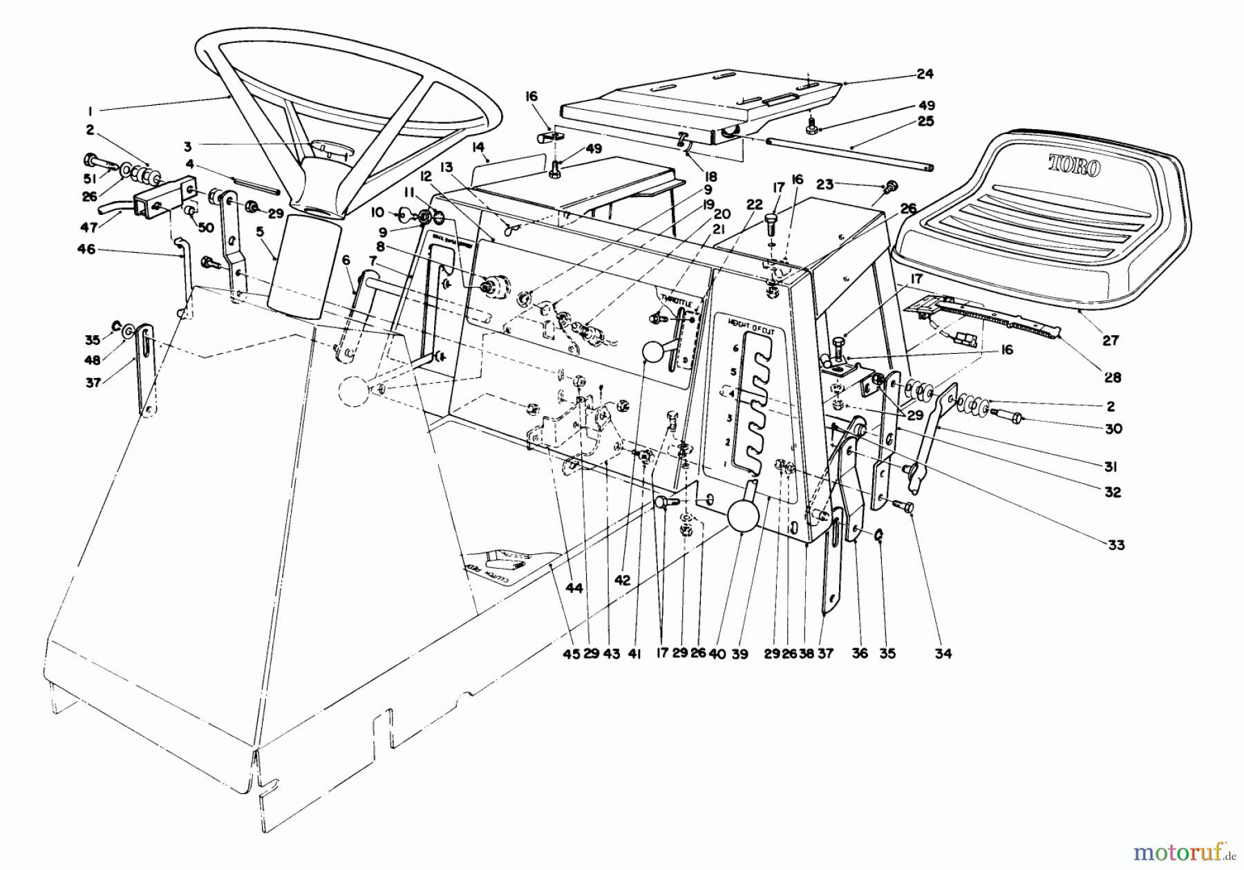  Toro Neu Mowers, Rear-Engine Rider 56155 (11-32) - Toro 11-32 Rear Engine Rider, 1987 (7000001-7999999) SEAT & STEERING WHEEL ASSEMBLY