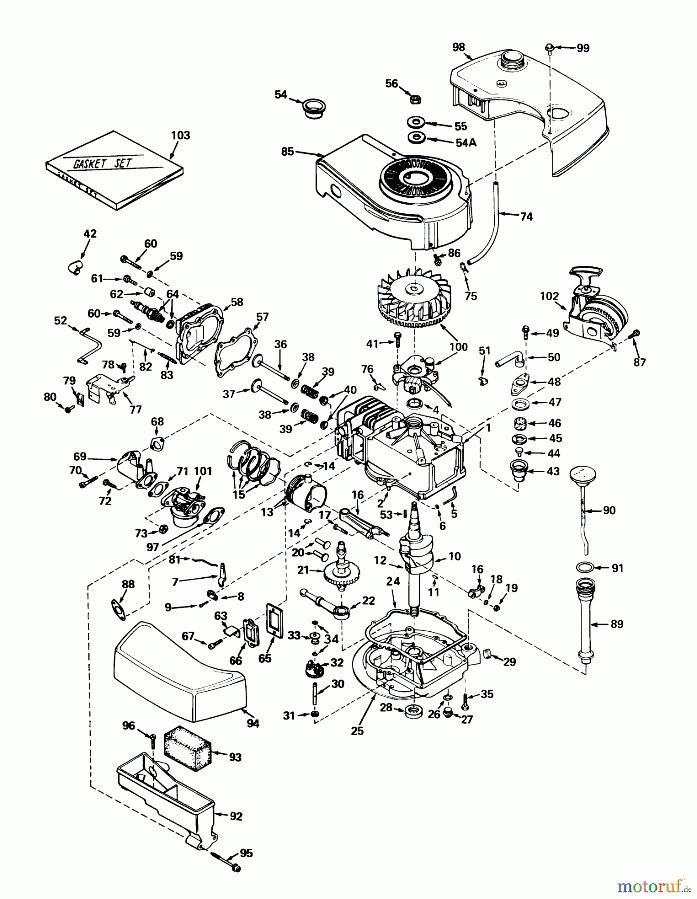  Toro Neu Mowers, Walk-Behind Seite 1 19400 - Toro Guardian Lawnmower, 1975 (5000001-5999999) ENGINE TECUMSEH MODEL TNT100-10042