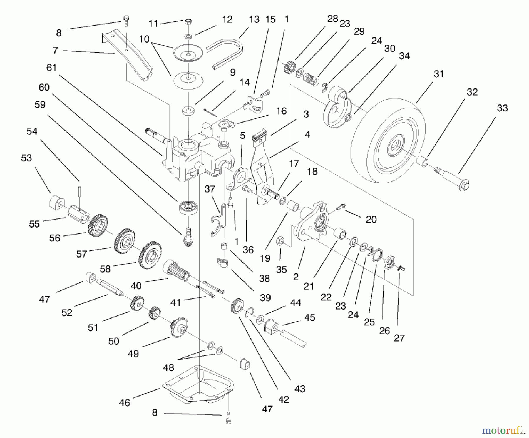  Toro Neu Mowers, Walk-Behind Seite 2 26633B - Toro Lawnmower, 1996 (6900001-6999999) DECK SUSPENSION & GEAR CASE ASSEMBLY
