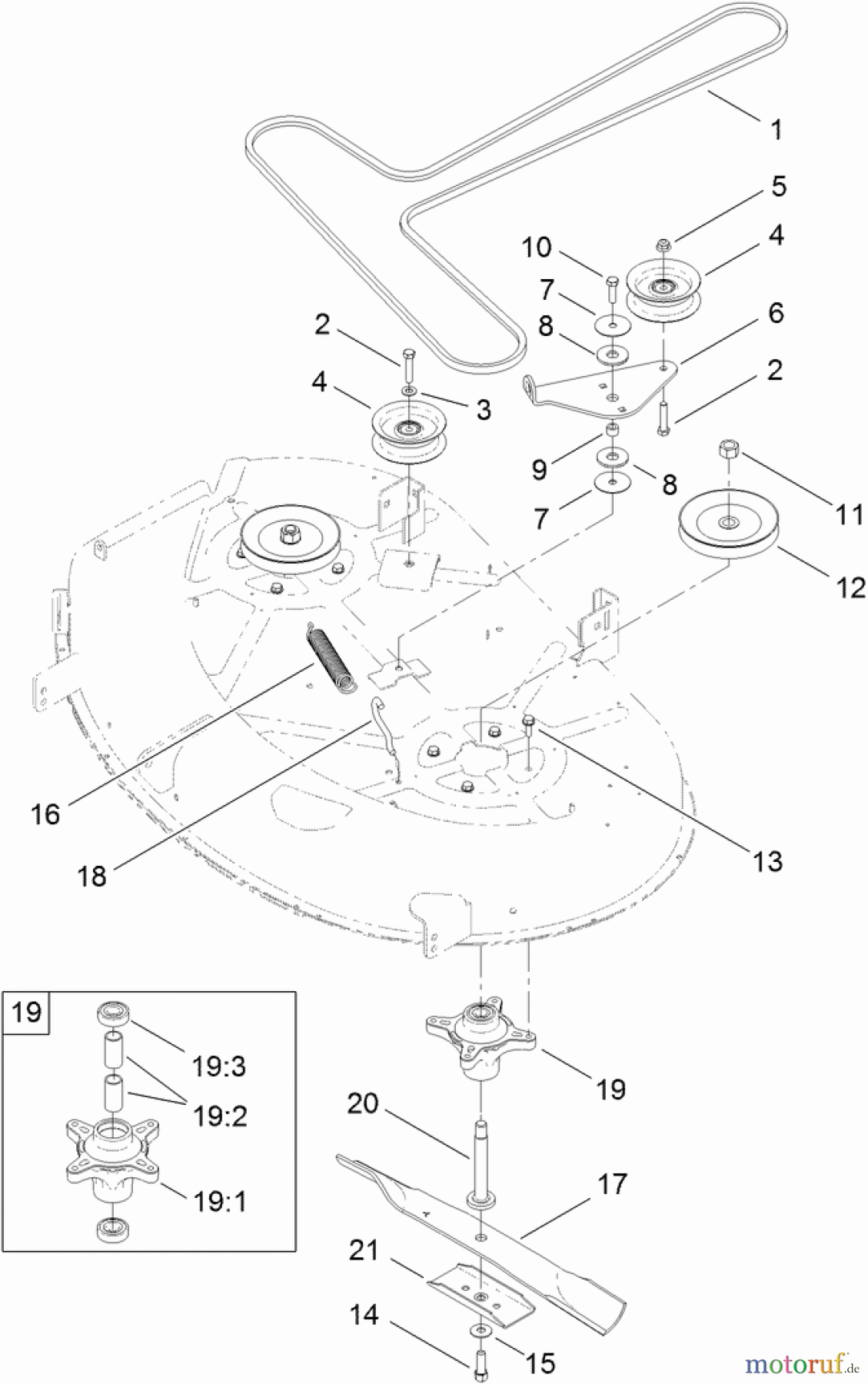  Toro Neu Mowers, Zero-Turn 74389 (ZS 4200S) - Toro TimeCutter ZS 4200S Riding Mower, 2012 (SN 312000001-312999999) 42 INCH DECK, BELT AND BLADE ASSEMBLY