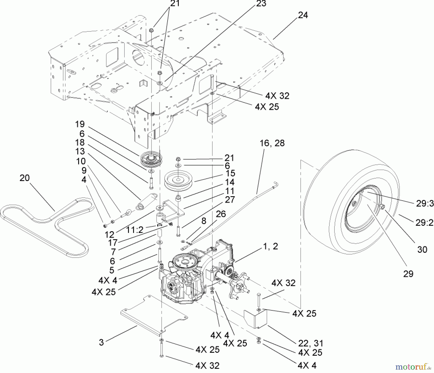  Toro Neu Mowers, Zero-Turn 74401 (17-44ZX) - Toro 17-44ZX TimeCutter ZX Riding Mower, 2004 (240000001-240999999) HYDRO AND BELT DRIVE ASSEMBLY