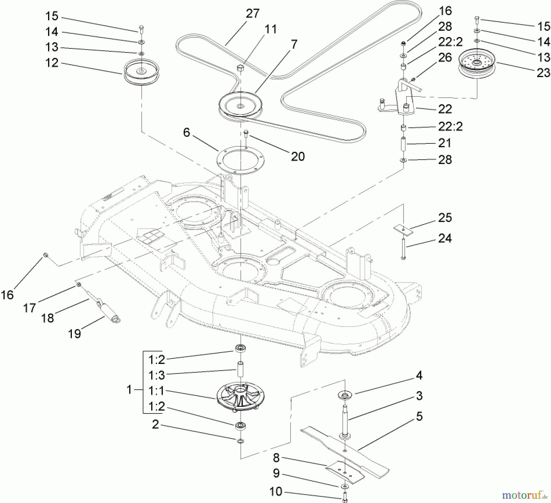  Toro Neu Mowers, Zero-Turn 74407 (ZX525) - Toro TimeCutter ZX525 Riding Mower, 2005 (250000001-250999999) SPINDLE AND BELT DRIVE ASSEMBLY
