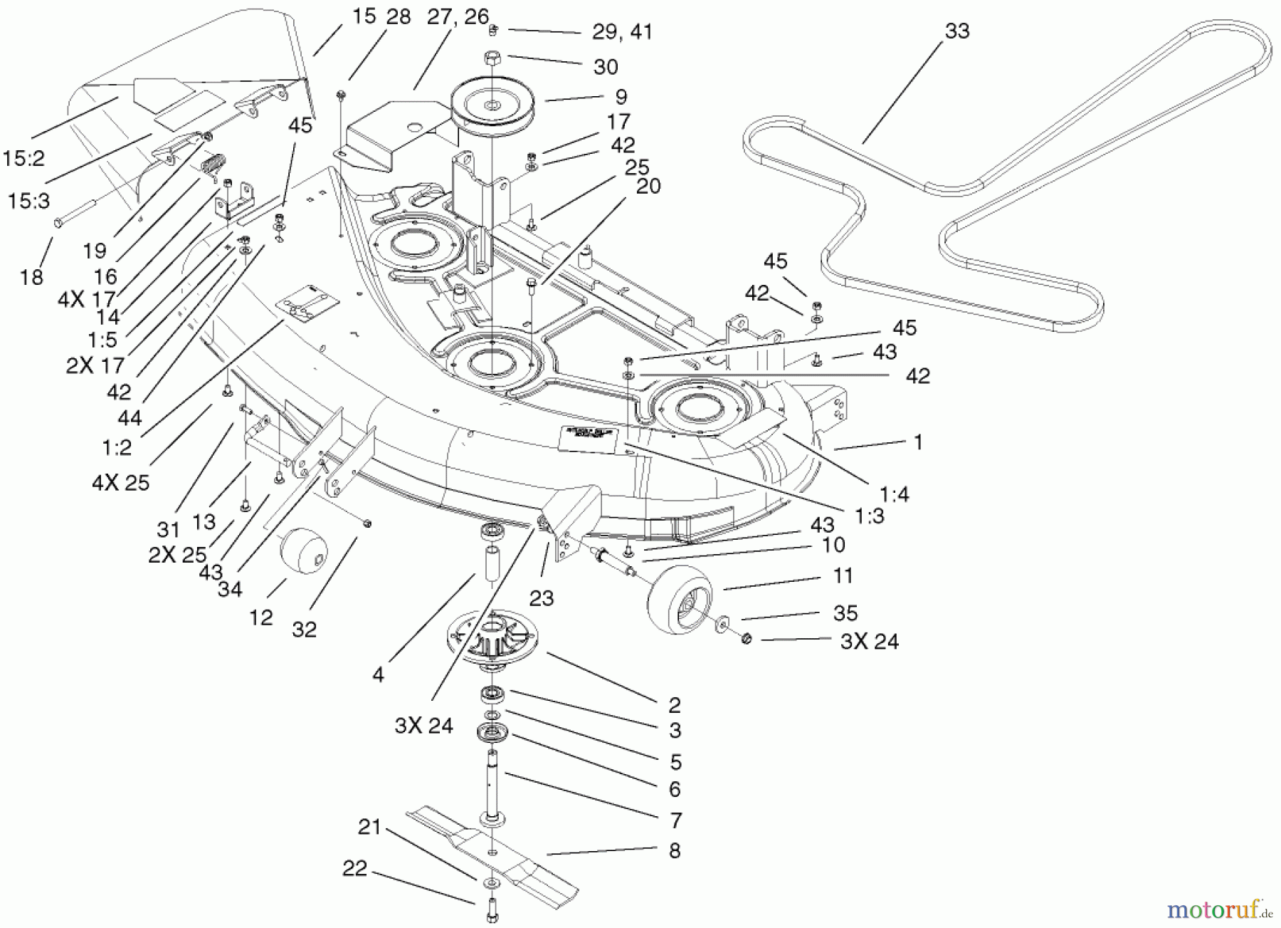  Toro Neu Mowers, Zero-Turn 74501 (Z16-44) - Toro Z16-44 TimeCutter Z Riding Mower, 2001 (210000001-210999999) 44 INCH DECK ASSEMBLY