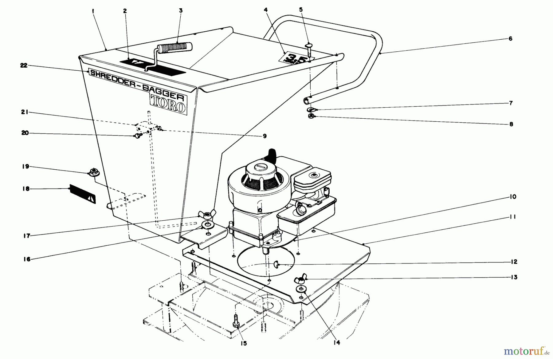Toro Neu Blowers/Vacuums/Chippers/Shredders 62835 - Toro Shredder, 1972 (2000001-2999999) ENGINE & HOPPER ASSEMBLY